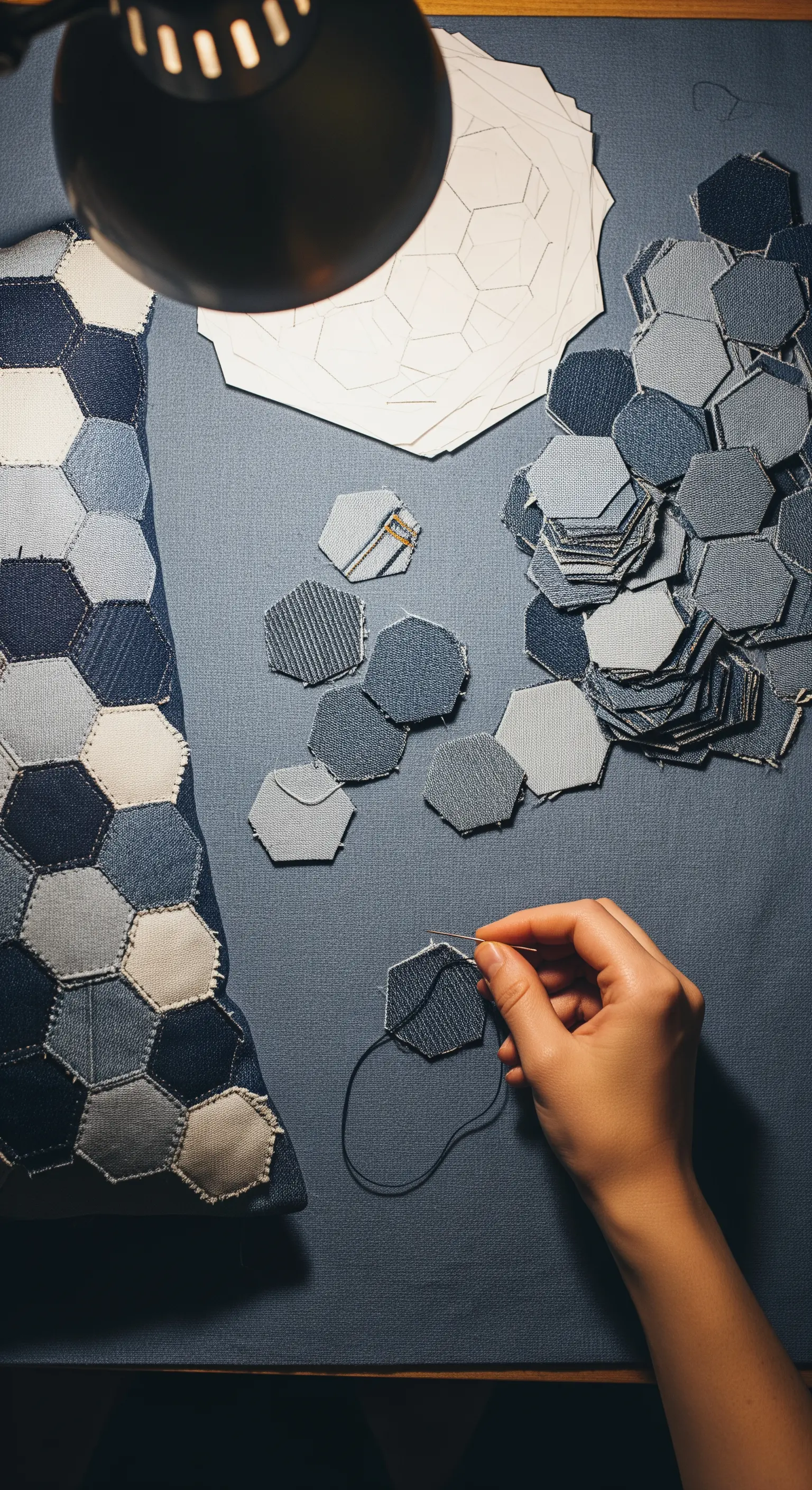 Una persona cuce a mano piccoli esagoni di jeans per creare un pannello patchwork.