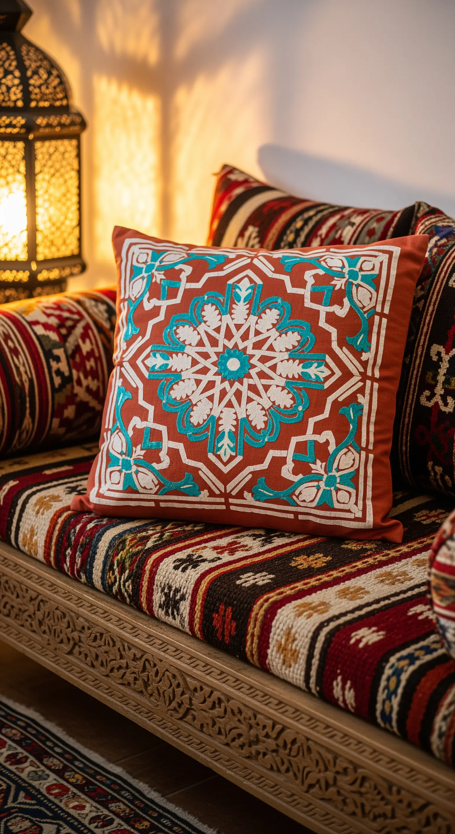 Cuscino con motivo a mandala in stile marocchino nei toni del terracotta, bianco e turchese.