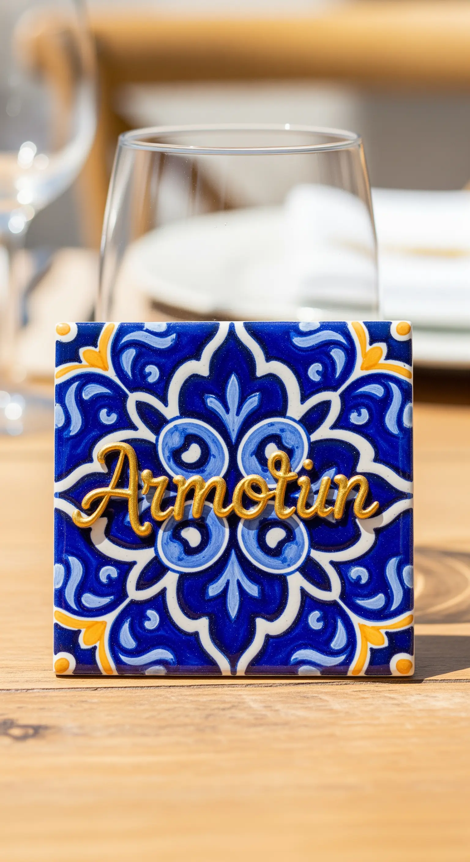Piastrella in ceramica con motivi blu e gialli e nome calligrafato in oro al centro.