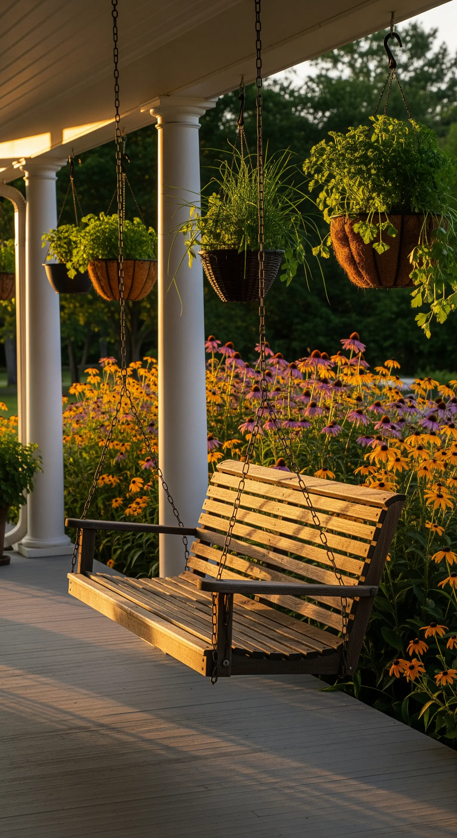 Dondolo in legno su un portico al tramonto, con cesti di piante sospesi e fiori di campo.