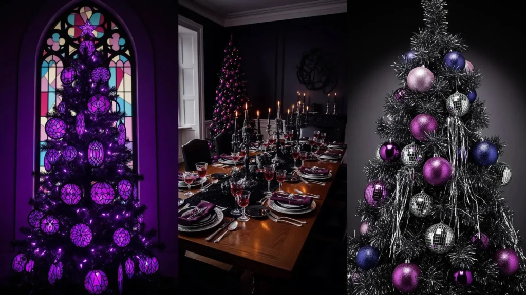 Ispirazioni gotiche per Natale: tre alberi neri addobbati con palline viola, blu e argento, creando un'atmosfera dark e misteriosa.