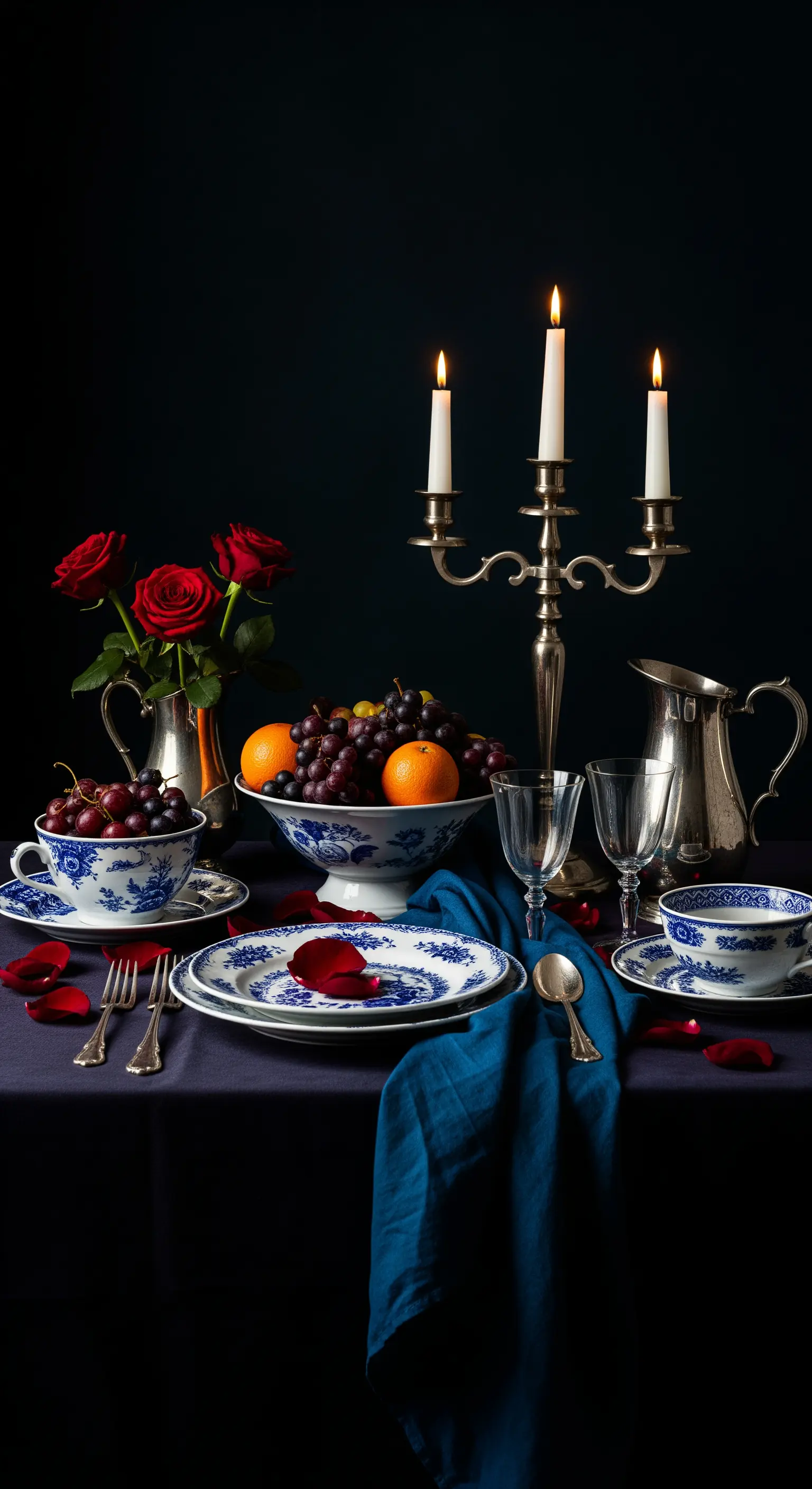Tavola apparecchiata come una natura morta fiamminga, con frutta, rose rosse e argenteria