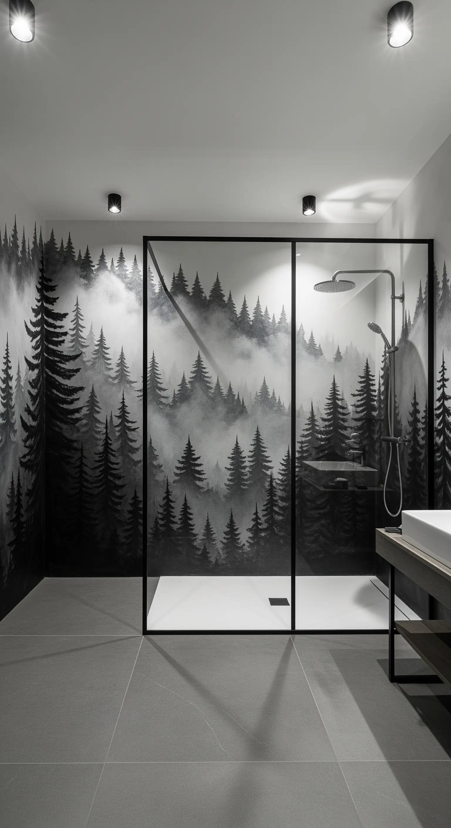 Bagno moderno con murale di una foresta nebbiosa in bianco e nero e box doccia nero.