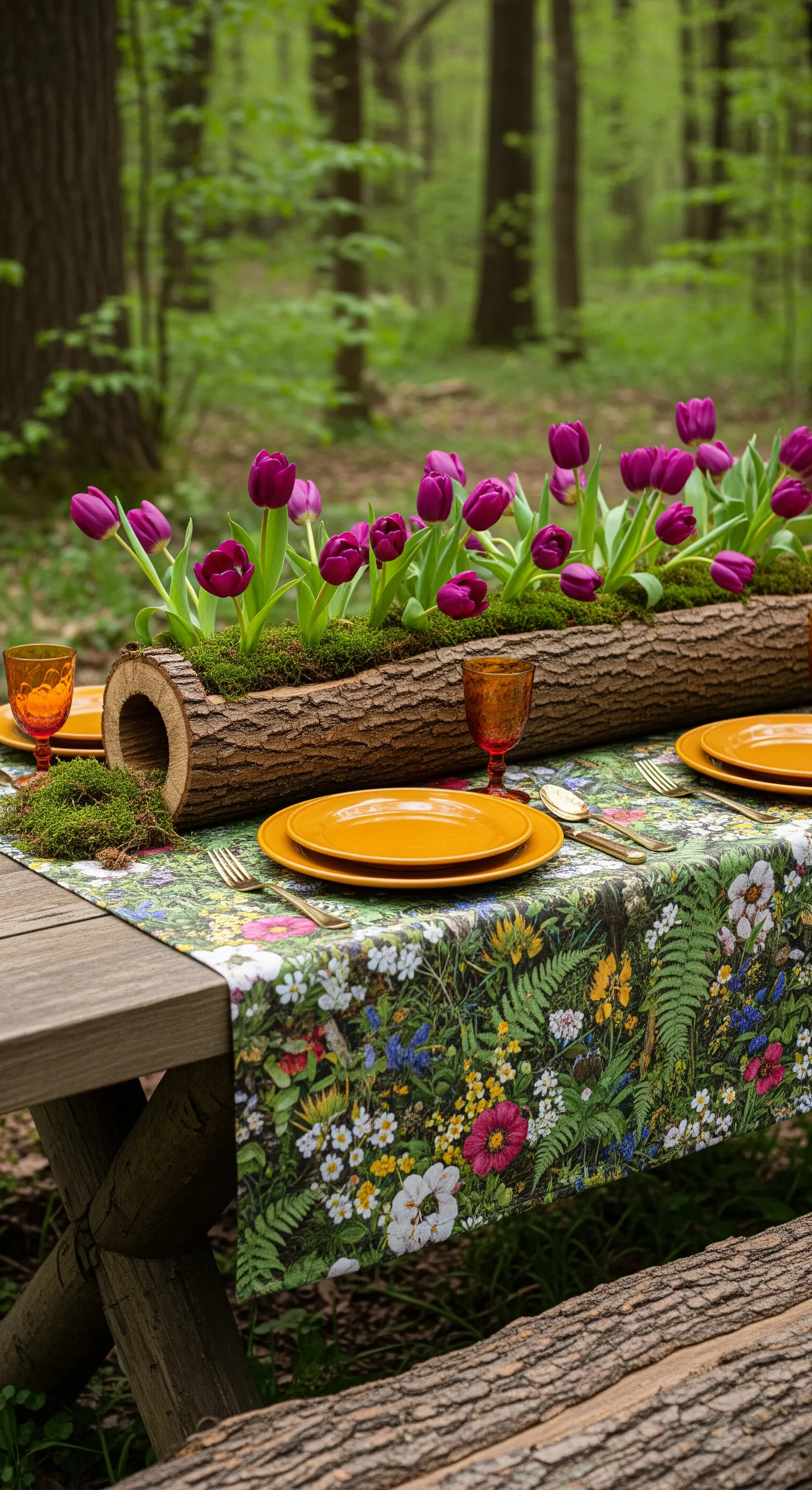 Tavolo da picnic nel bosco con runner botanico e tulipani viola in un tronco scavato.