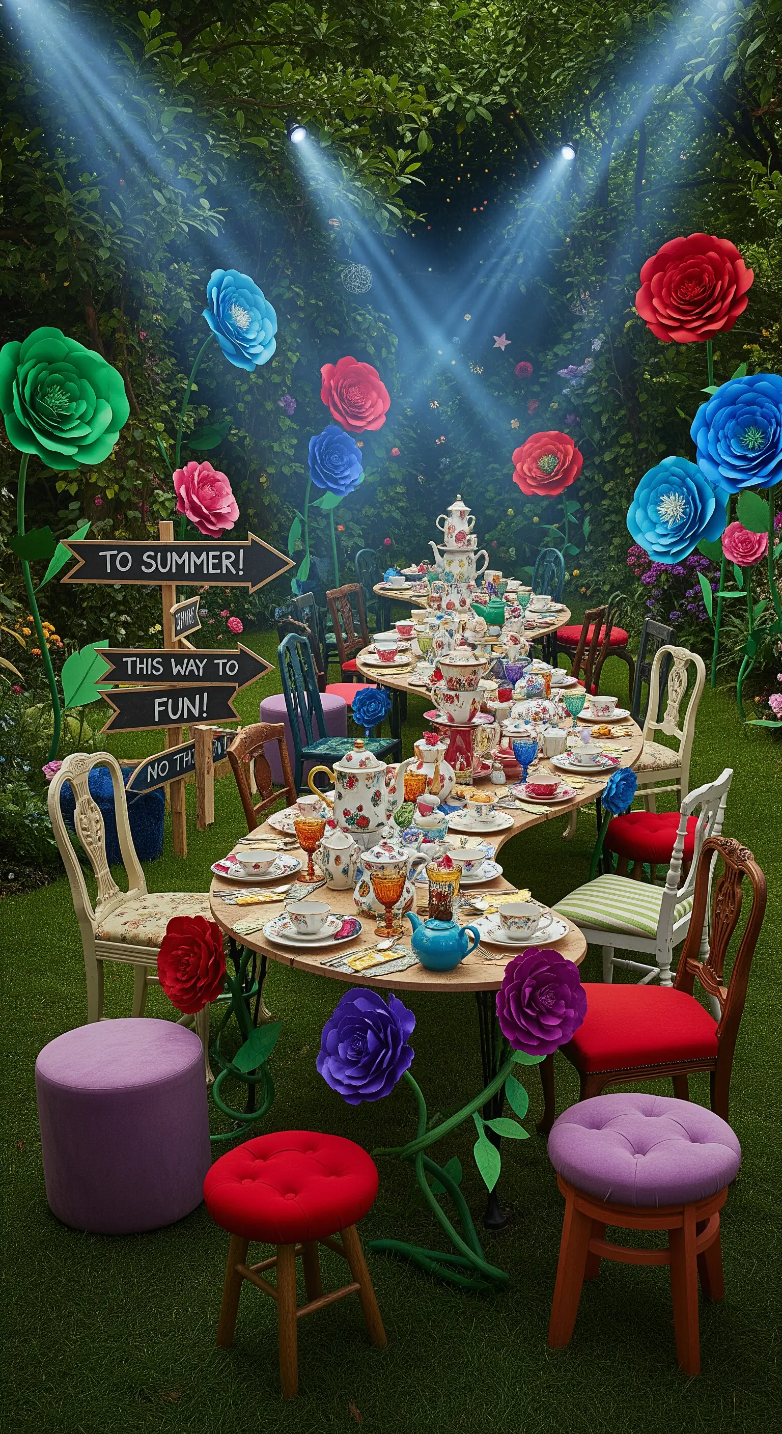 Festa a tema 'Alice nel Paese delle Meraviglie' con fiori giganti e tavolo curvo.