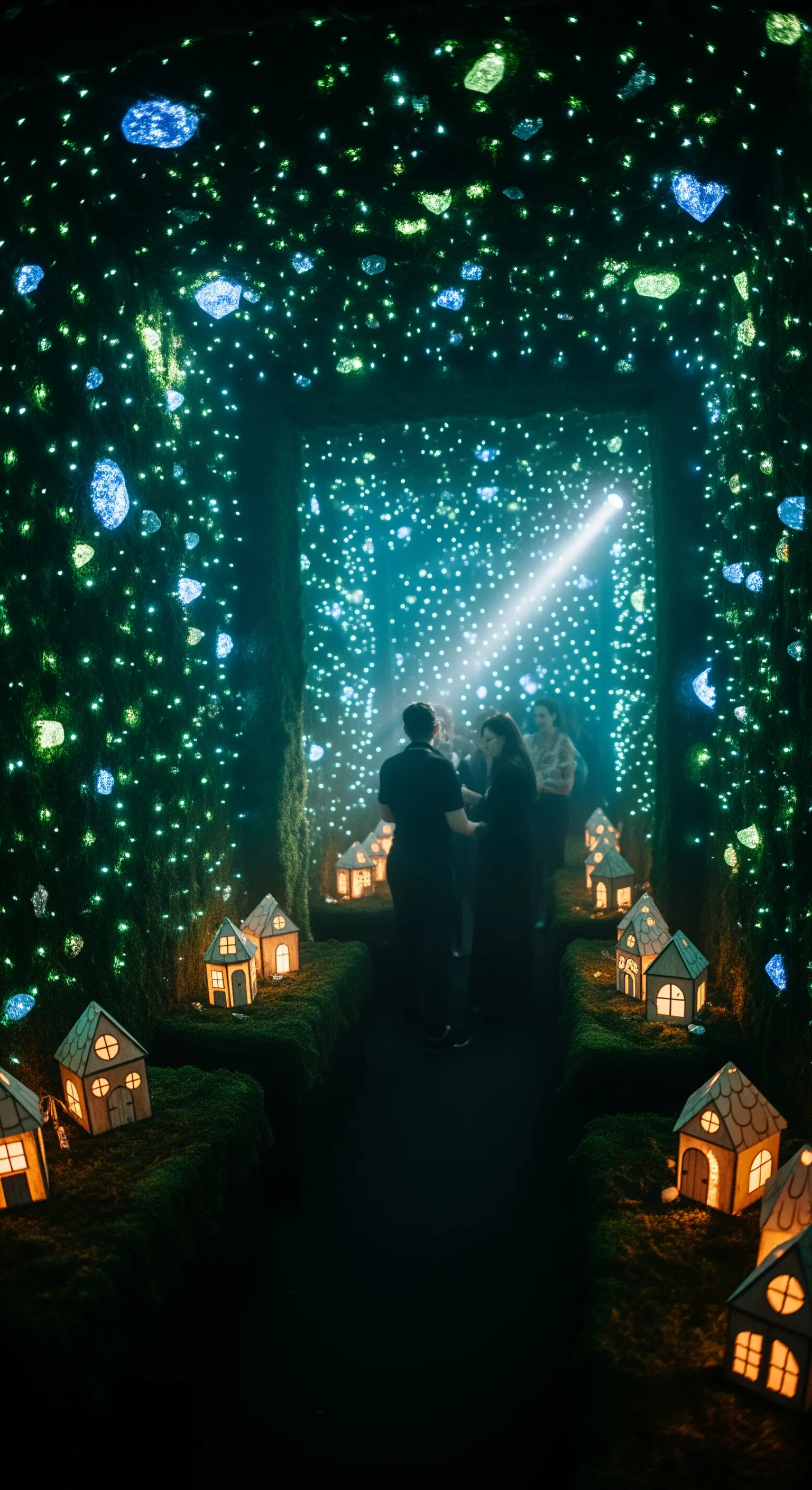 Tunnel buio decorato per sembrare una miniera, con luci verdi e gemme scintillanti.