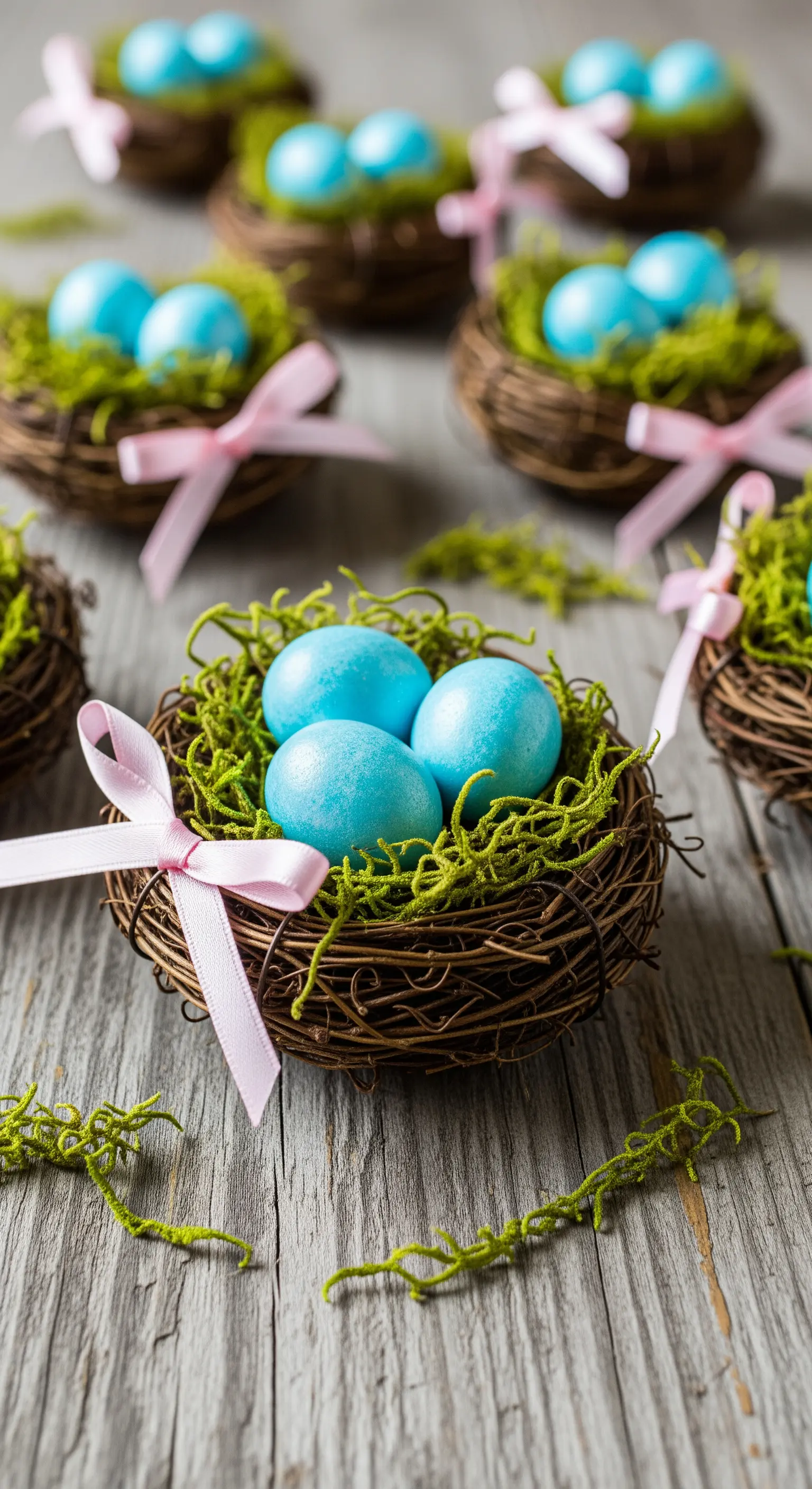 Piccoli nidi pasquali con muschio, uova azzurre e un sottile fiocco rosa.