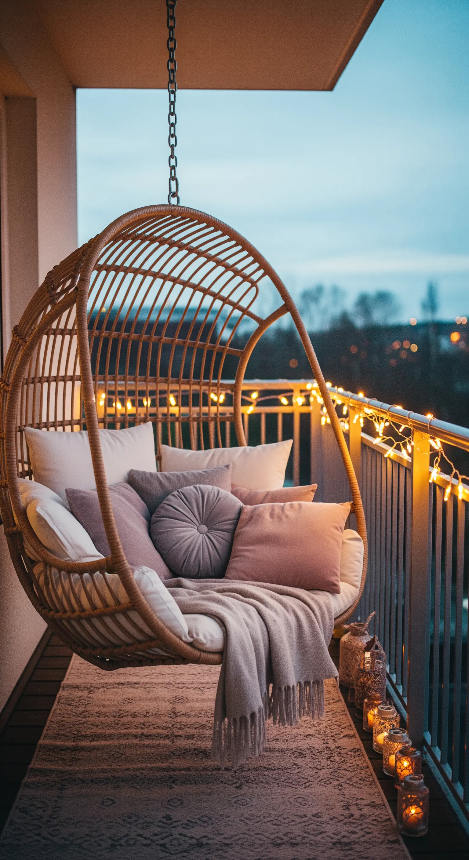Sedia sospesa in rattan con cuscini rosa e plaid, illuminata da luci a stringa di sera.
