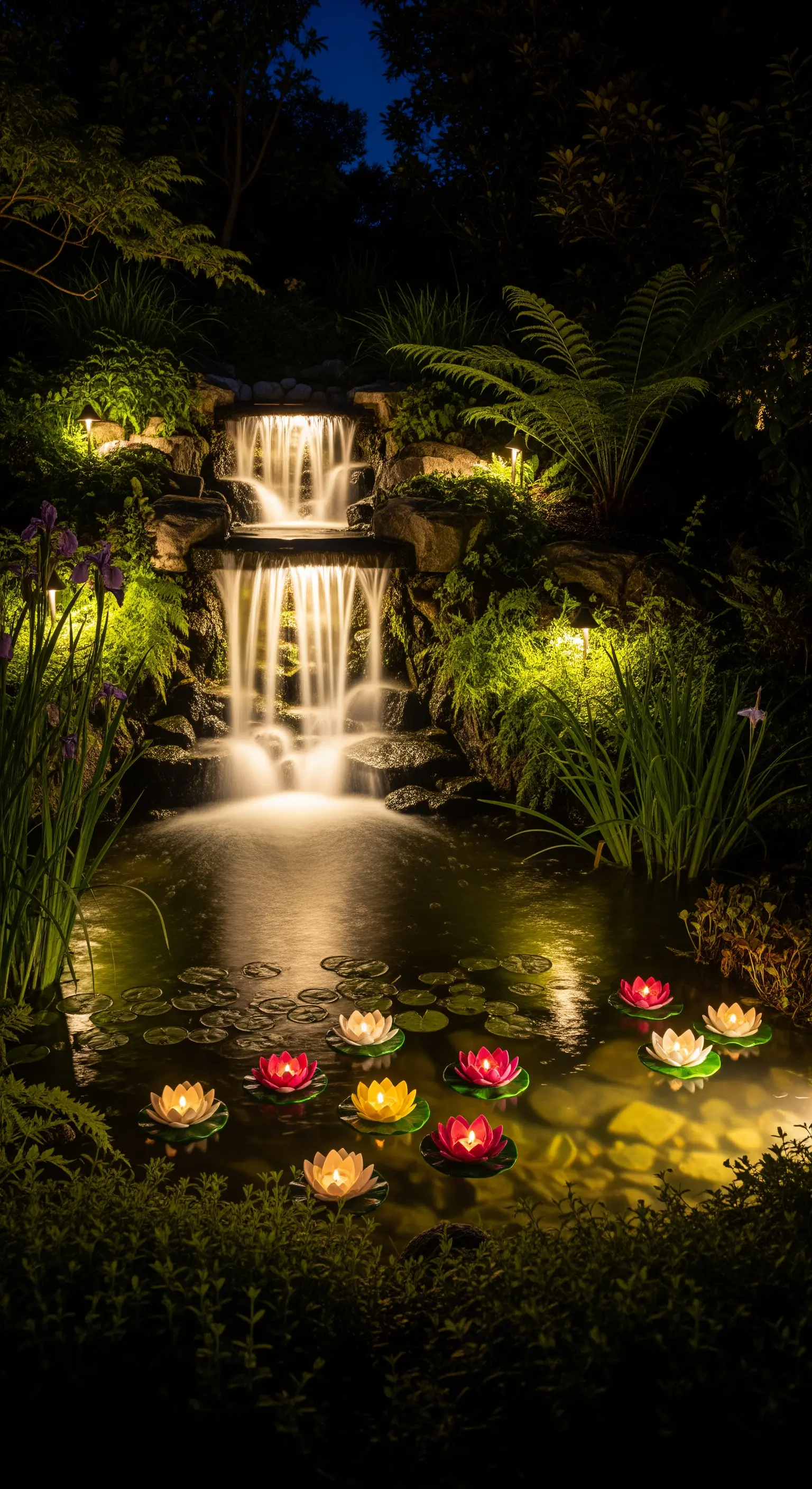 Laghetto da giardino con cascata e ninfee galleggianti illuminate da luci LED colorate.