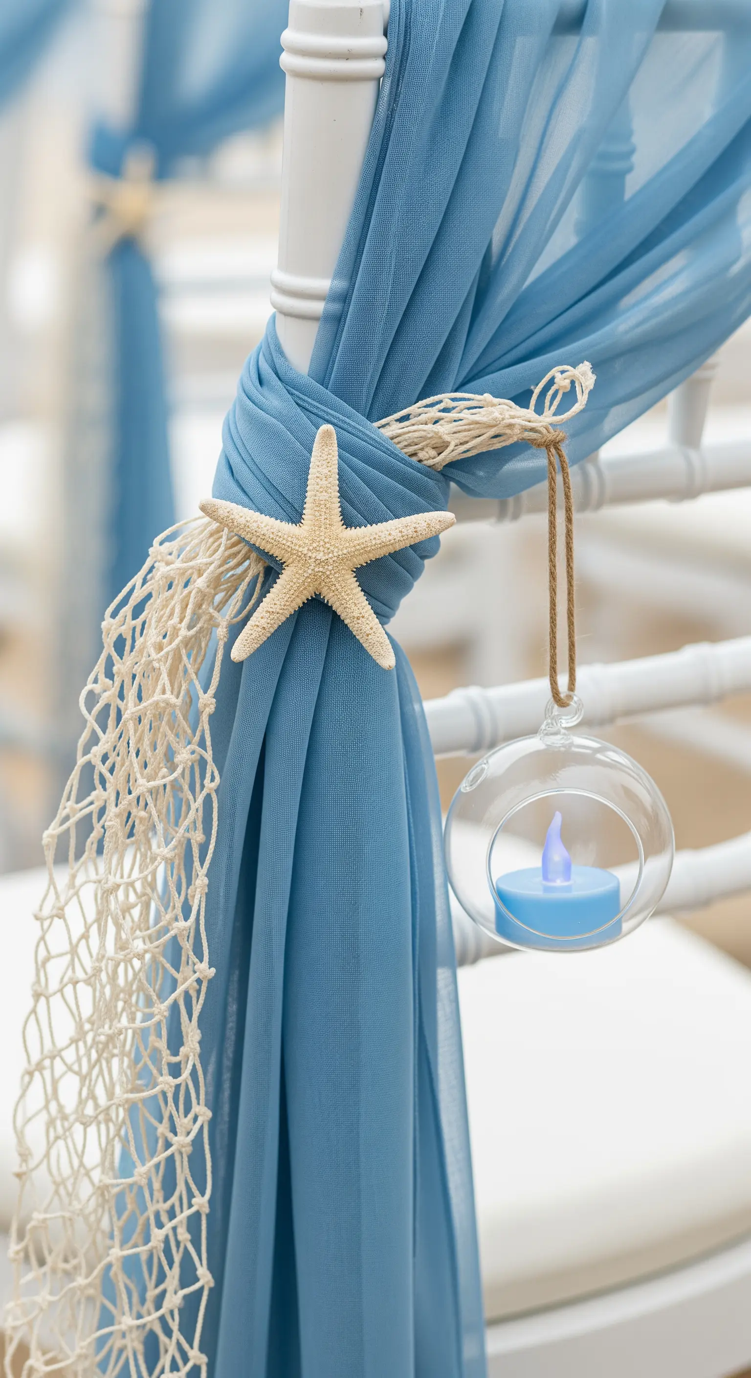 Dettaglio della decorazione di una sedia con drappo azzurro, rete, stella marina e candela