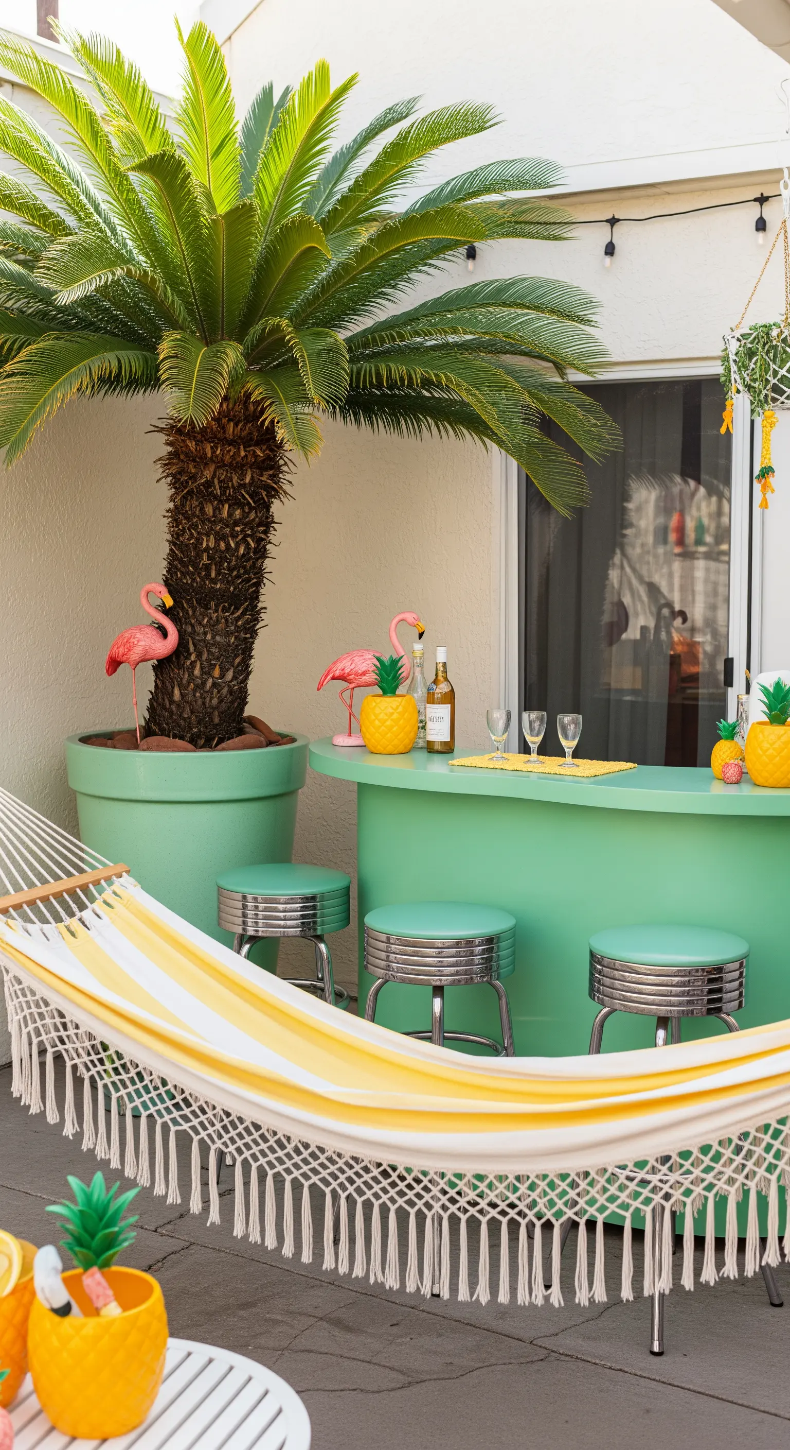 Patio con bar color menta, sgabelli rétro, amaca a righe e fenicotteri rosa.