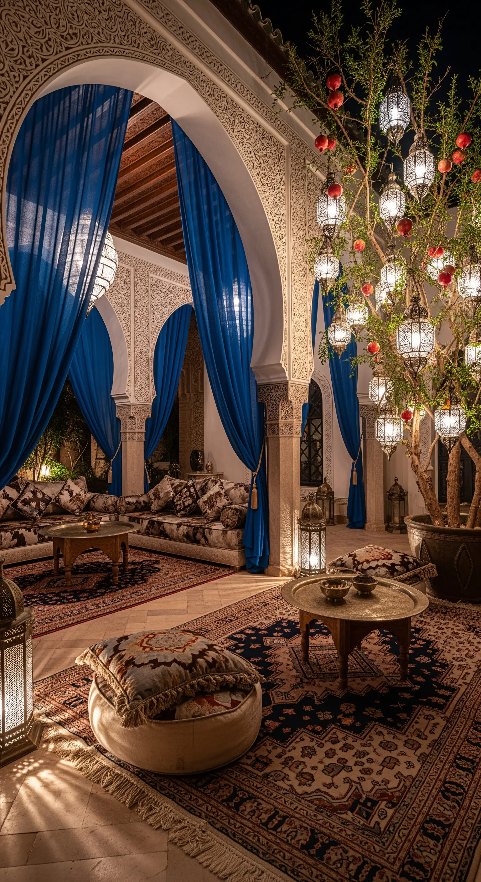 Patio marocchino di notte con archi, tende blu, tappeti persiani e un albero decorato con lanterne