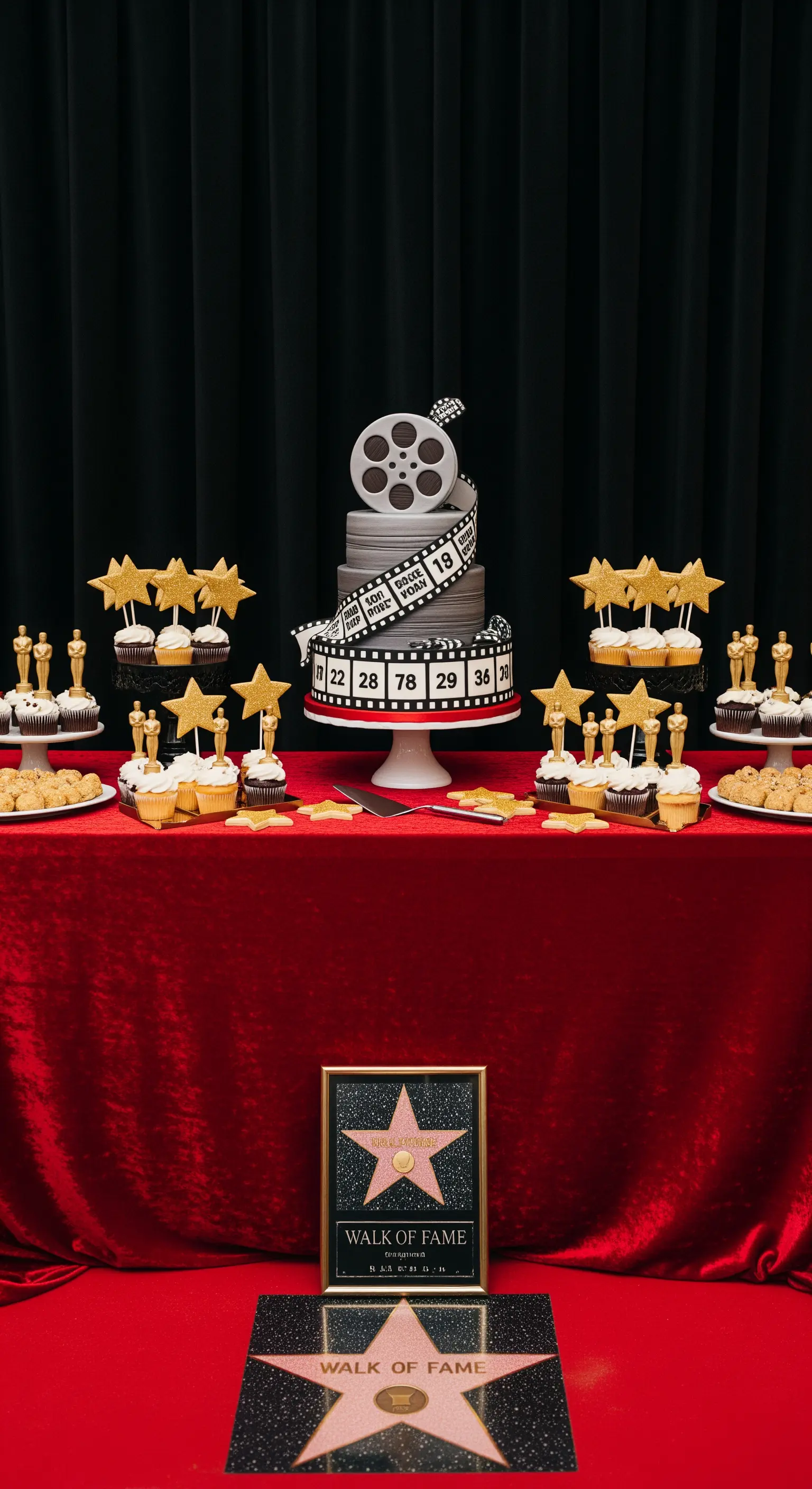 Sweet table in stile Hollywood con torta a tema cinema, velluto rosso e stelle dorate