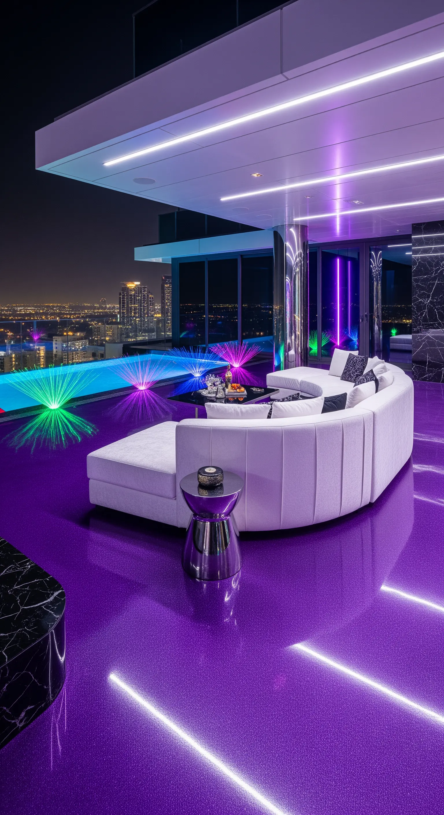 Attico di lusso con pavimento in resina viola glitterata, divano bianco curvo e luci al neon.
