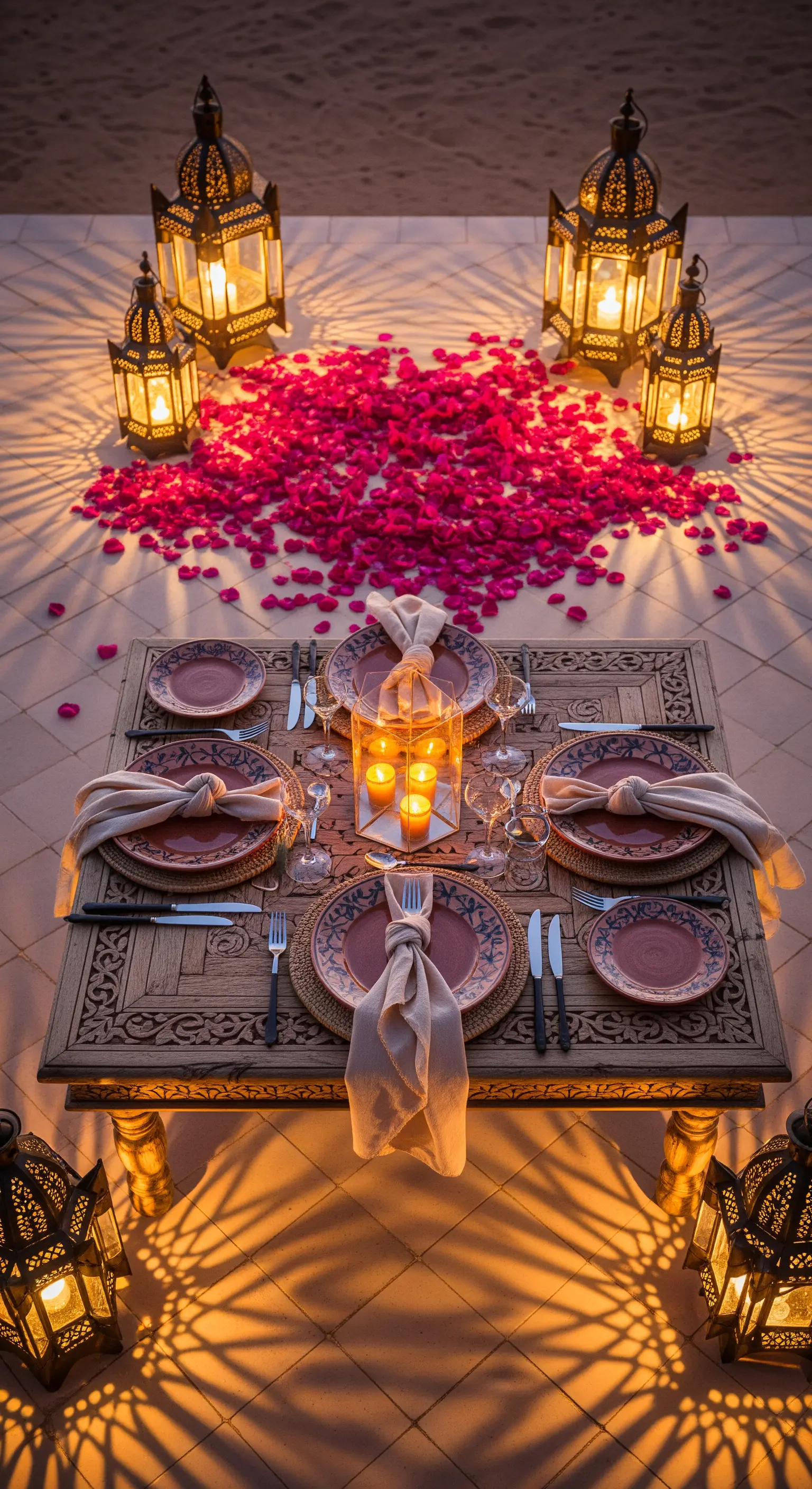 Cena in stile marocchino con tavolo basso intagliato, lanterne metalliche e petali fucsia
