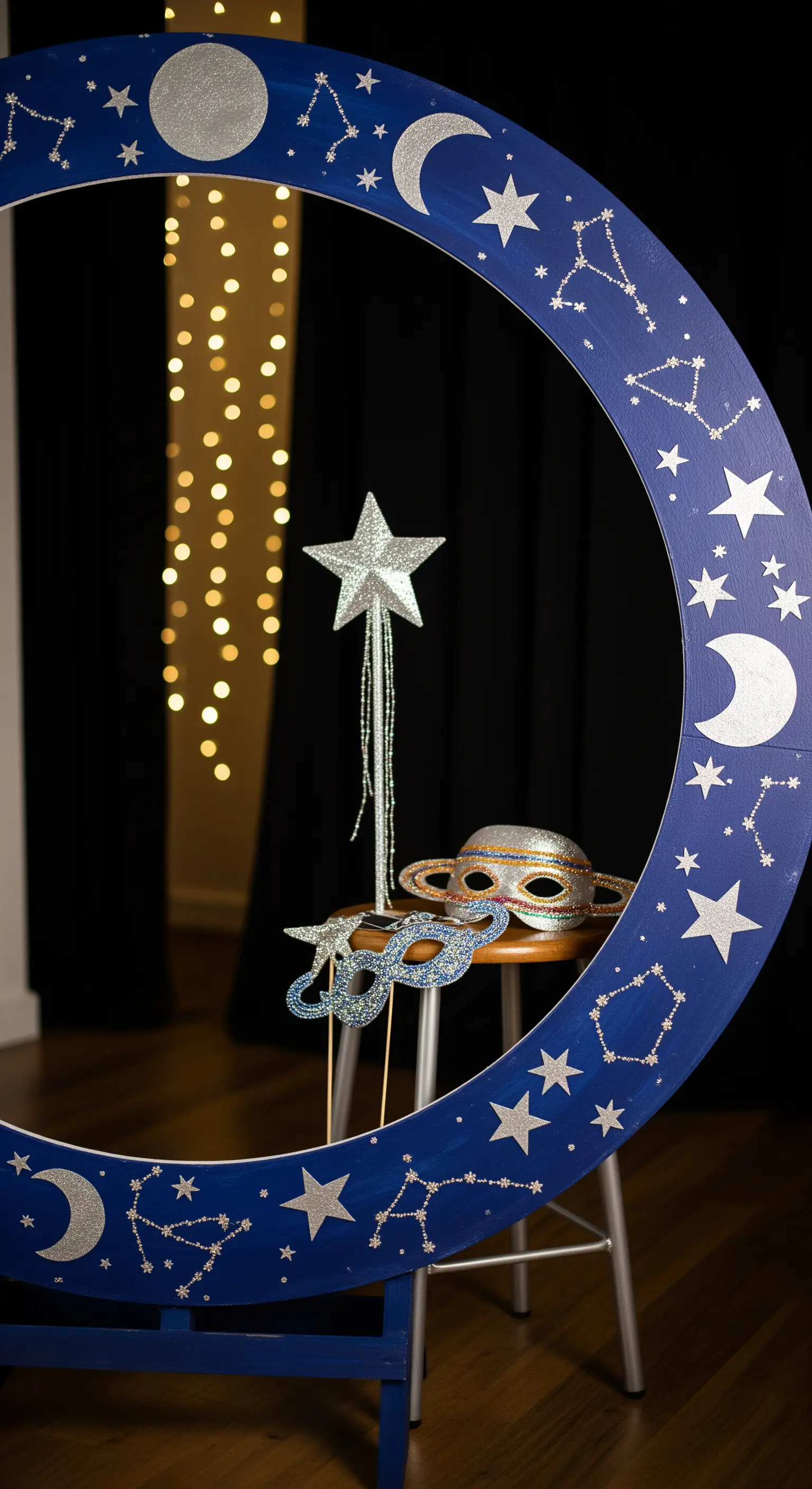 Cornice rotonda blu decorata con stelle e lune argentate per un photobooth a tema galattico.