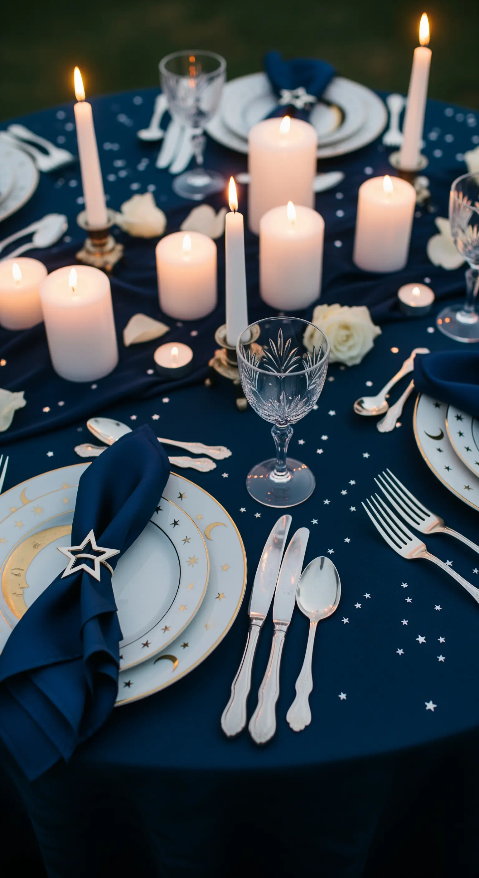 Tavola blu notte a tema stelle e luna, con piatti decorati e candele bianche