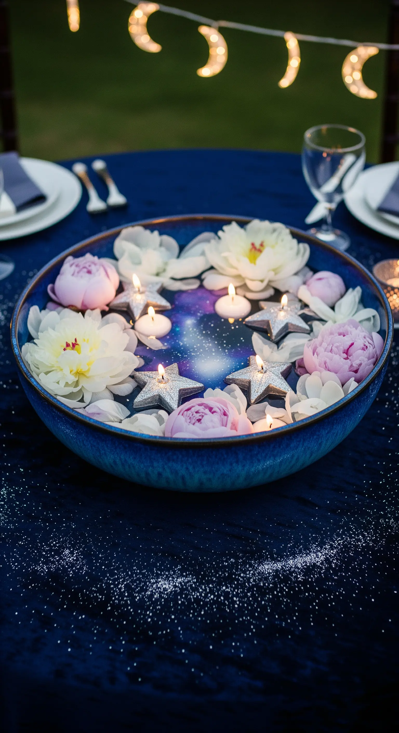Ciotola blu notte con effetto galassia, peonie, candele a forma di stella e glitter.