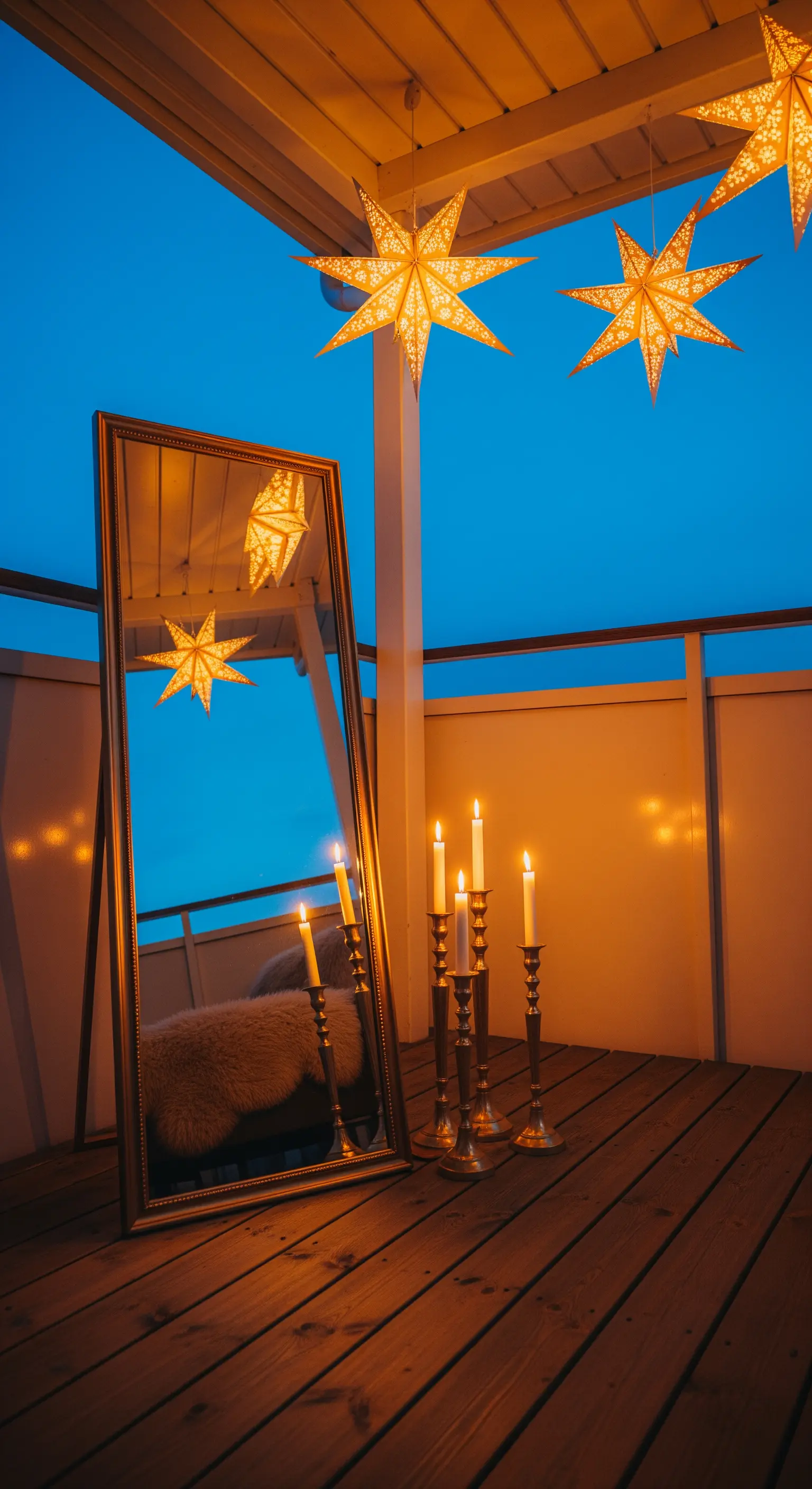 Balcone al crepuscolo con stelle luminose appese, uno specchio a figura intera e candelabri