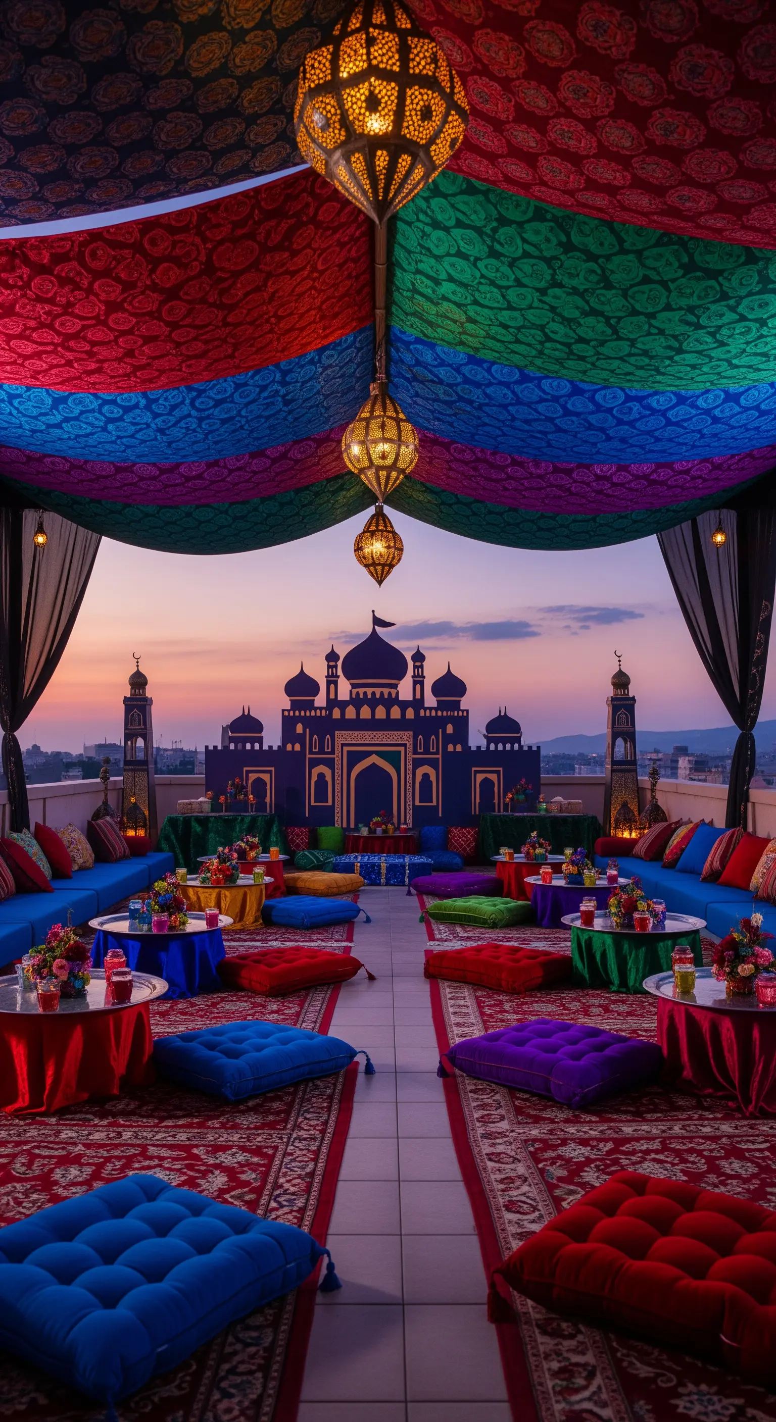 Terrazza a tema Aladdin con cuscini colorati, lanterne marocchine e vista su Agrabah.
