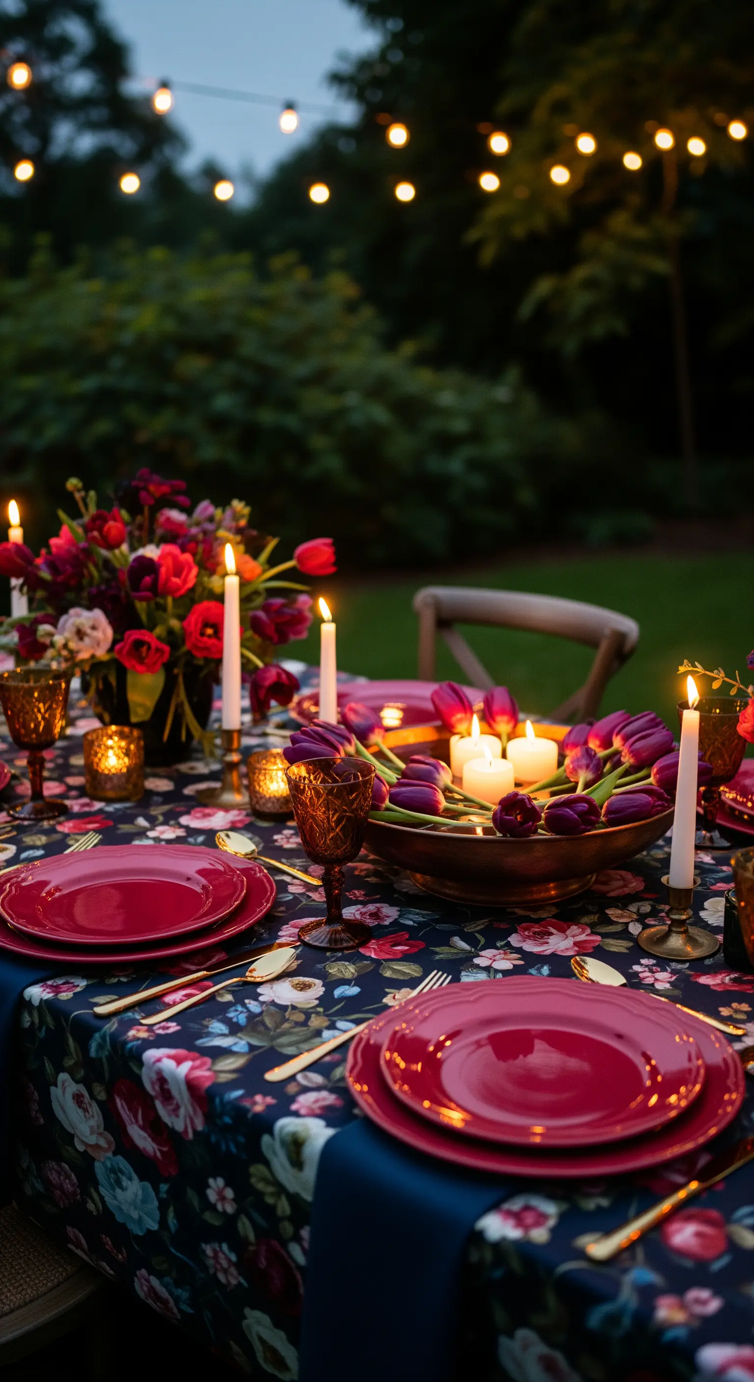Tavola serale in giardino illuminata da candele, con tovaglia floreale scura e tulipani viola.