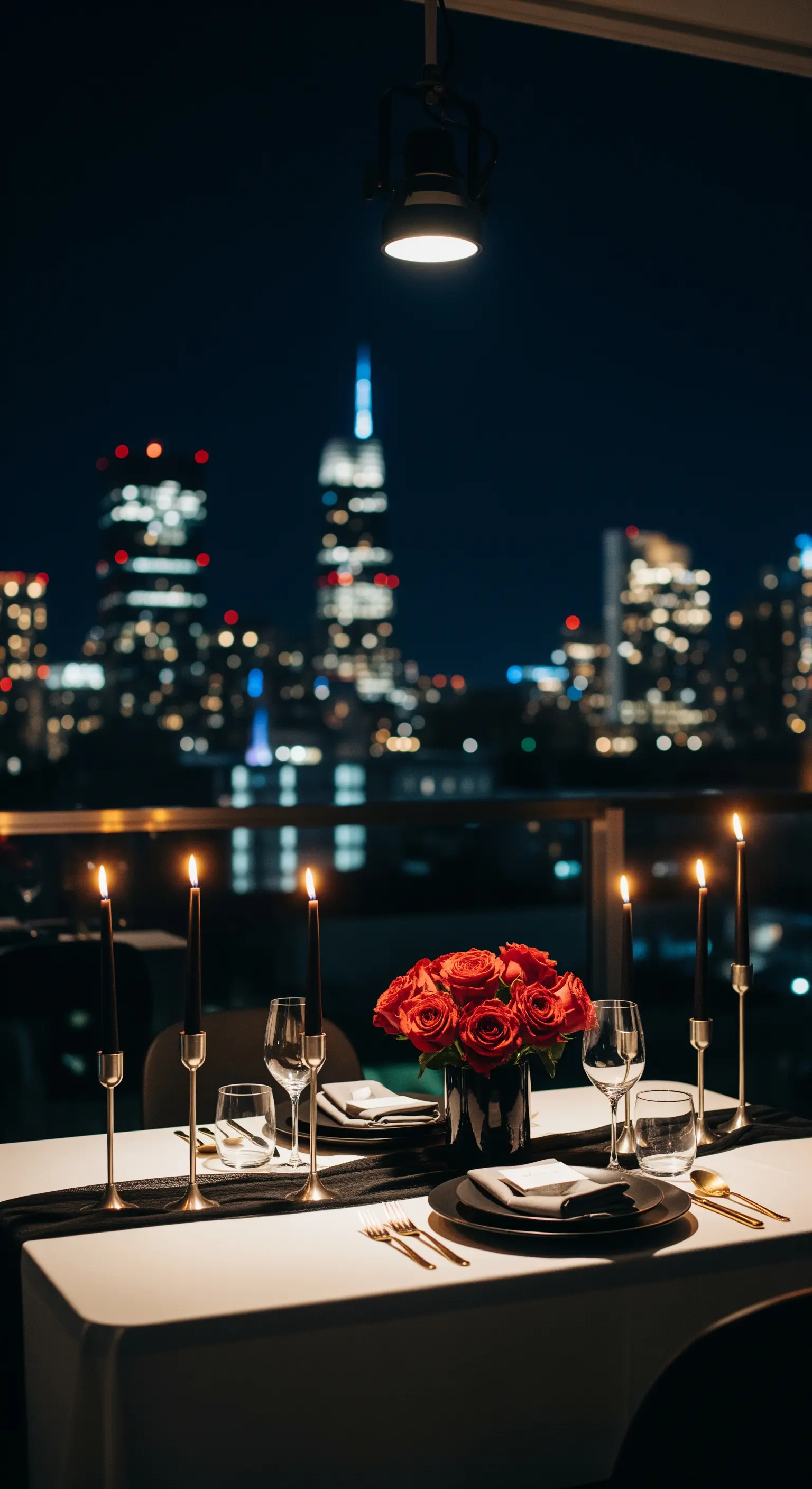 Cena notturna in terrazza con candele nere, rose rosse e vista sulla città.