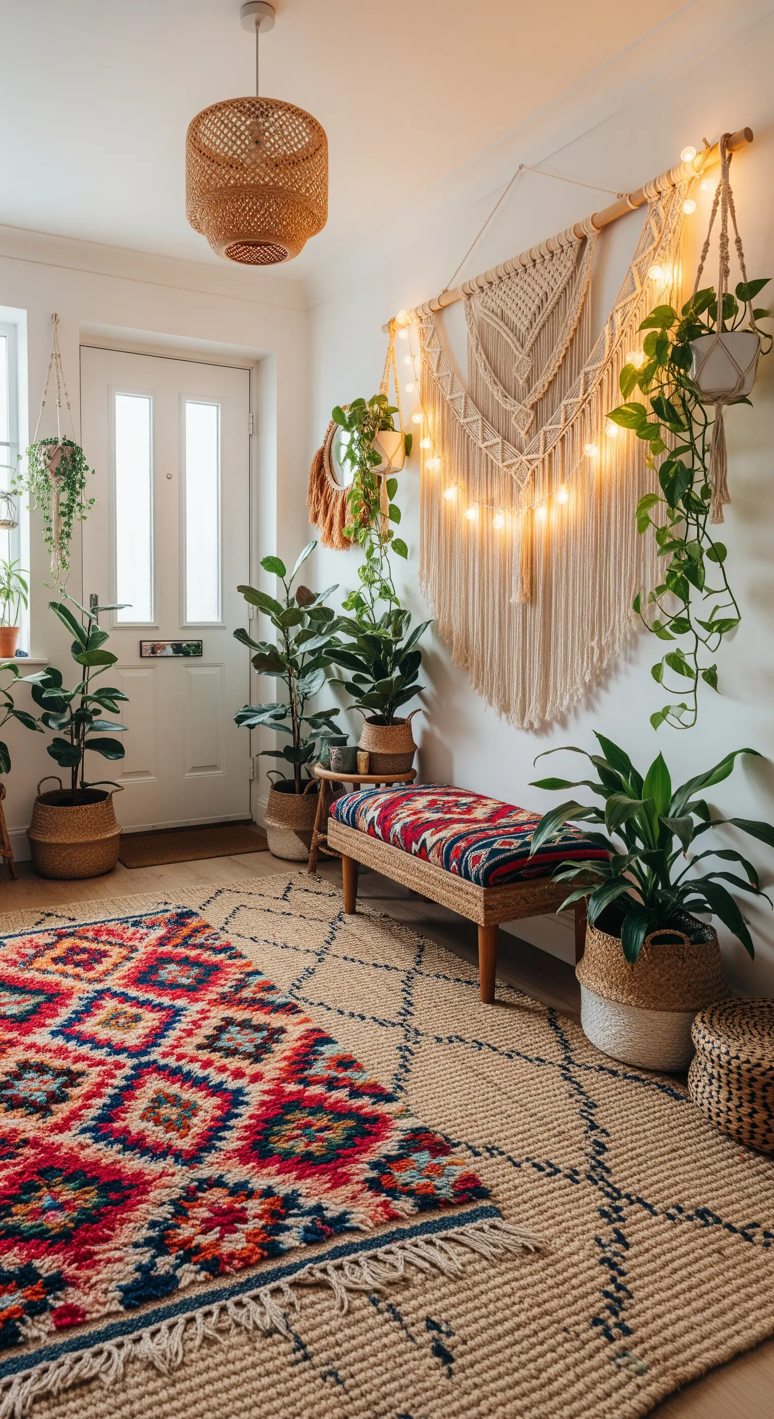 Ingresso bohémien con macramè illuminato, piante, e tappeti etnici sovrapposti.