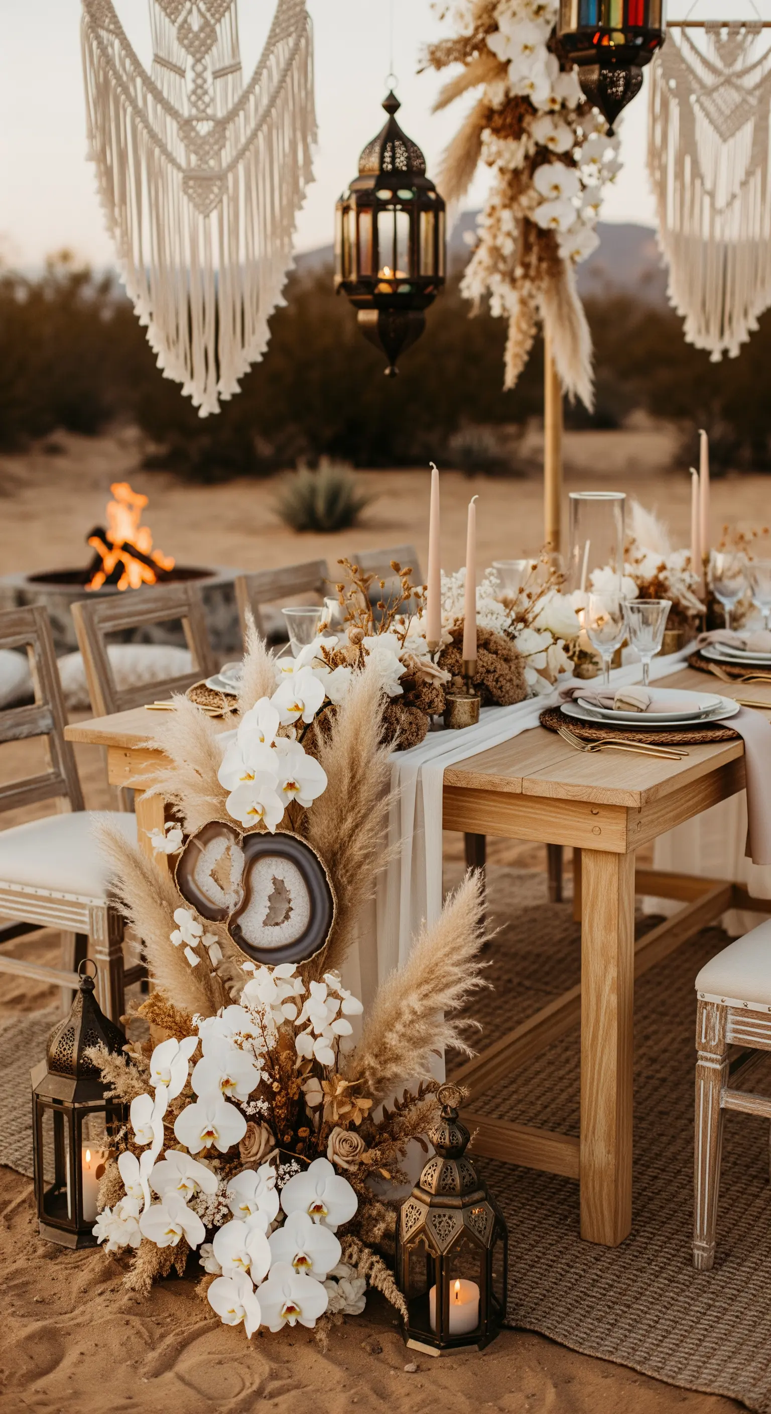 Tavolo in stile boho nel deserto con pampas, geodi, orchidee bianche e lanterne.