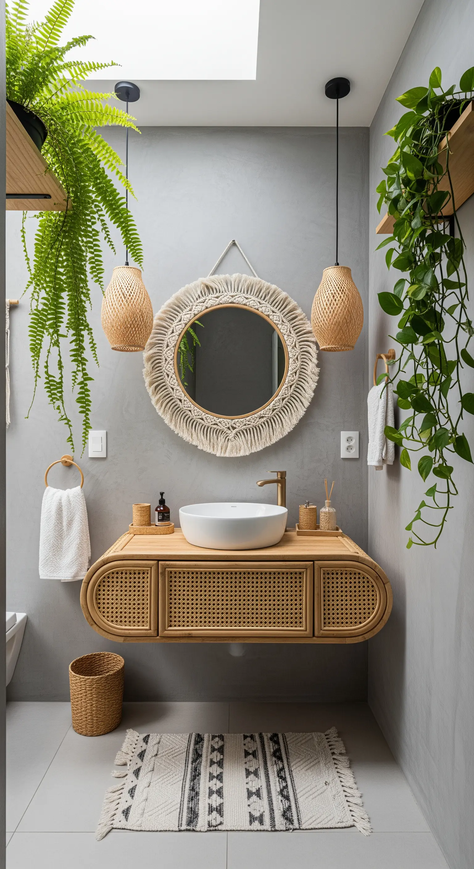 Bagno boho con pareti grigie, mobile in rattan, specchio in macramè e molte piante verdi.