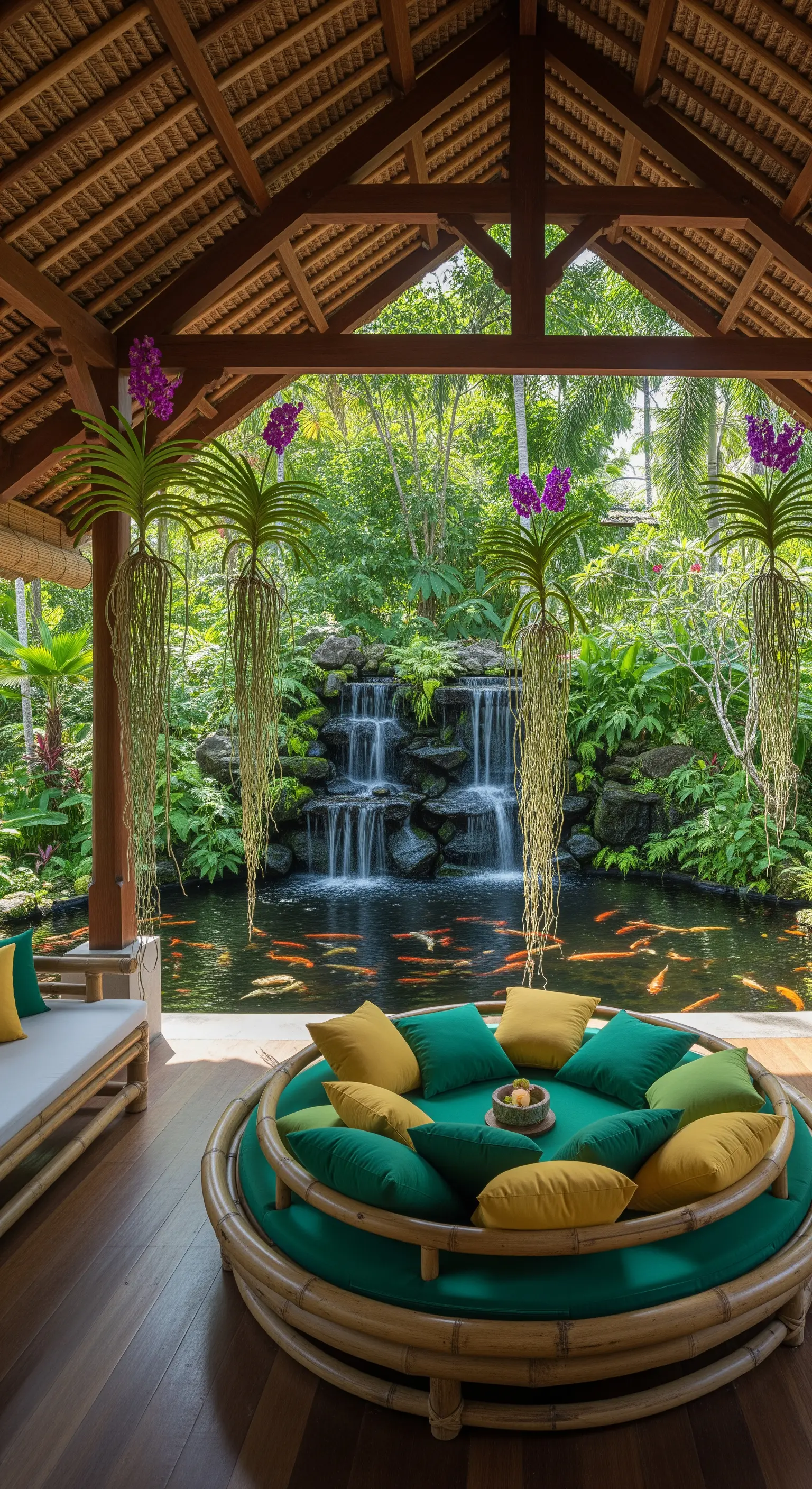 Portico in legno con daybed rotondo verde e orchidee sospese di fronte a una cascata e un laghetto.