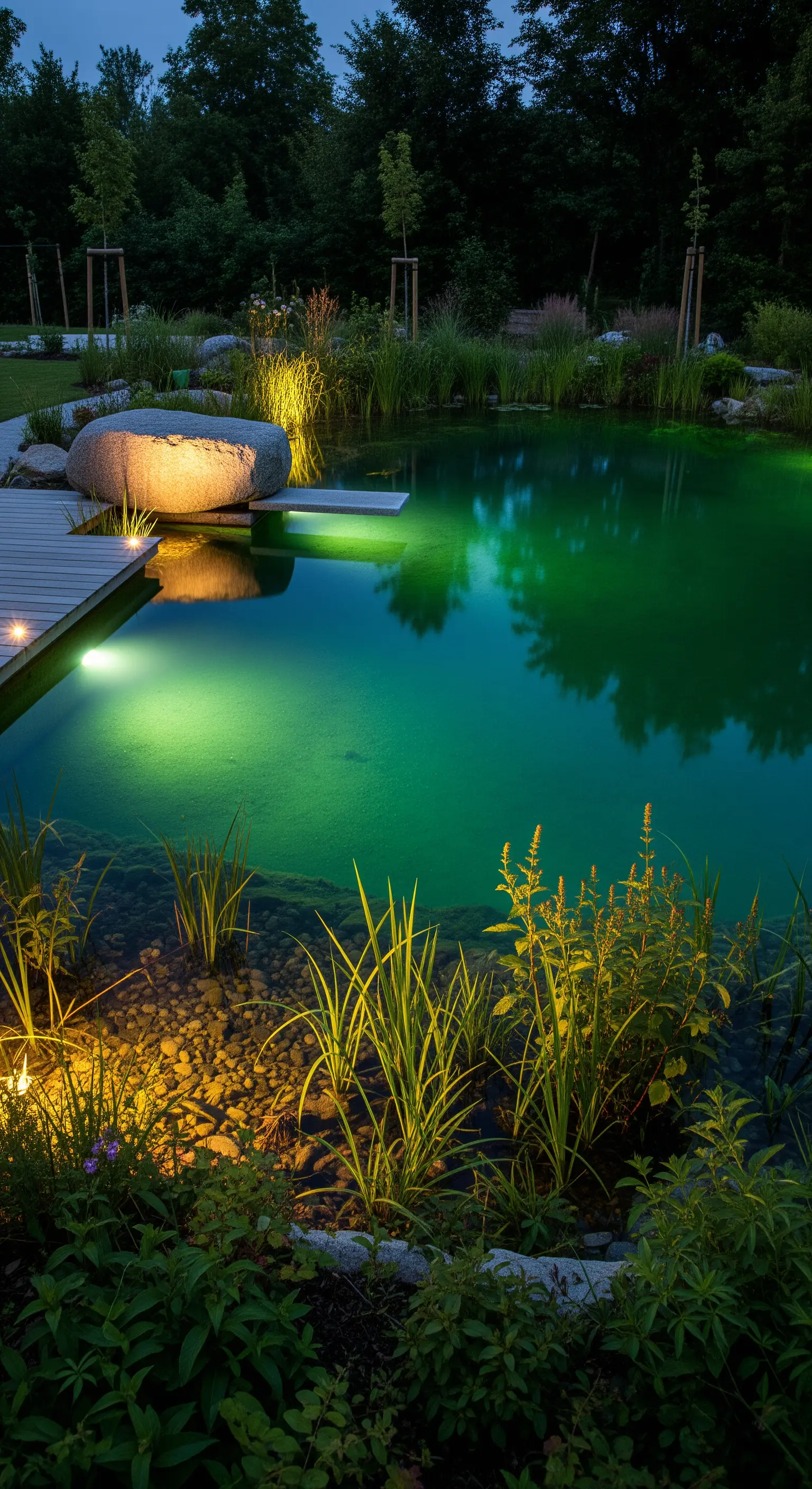 Biolago illuminato con luce verde, circondato da rocce e vegetazione acquatica.