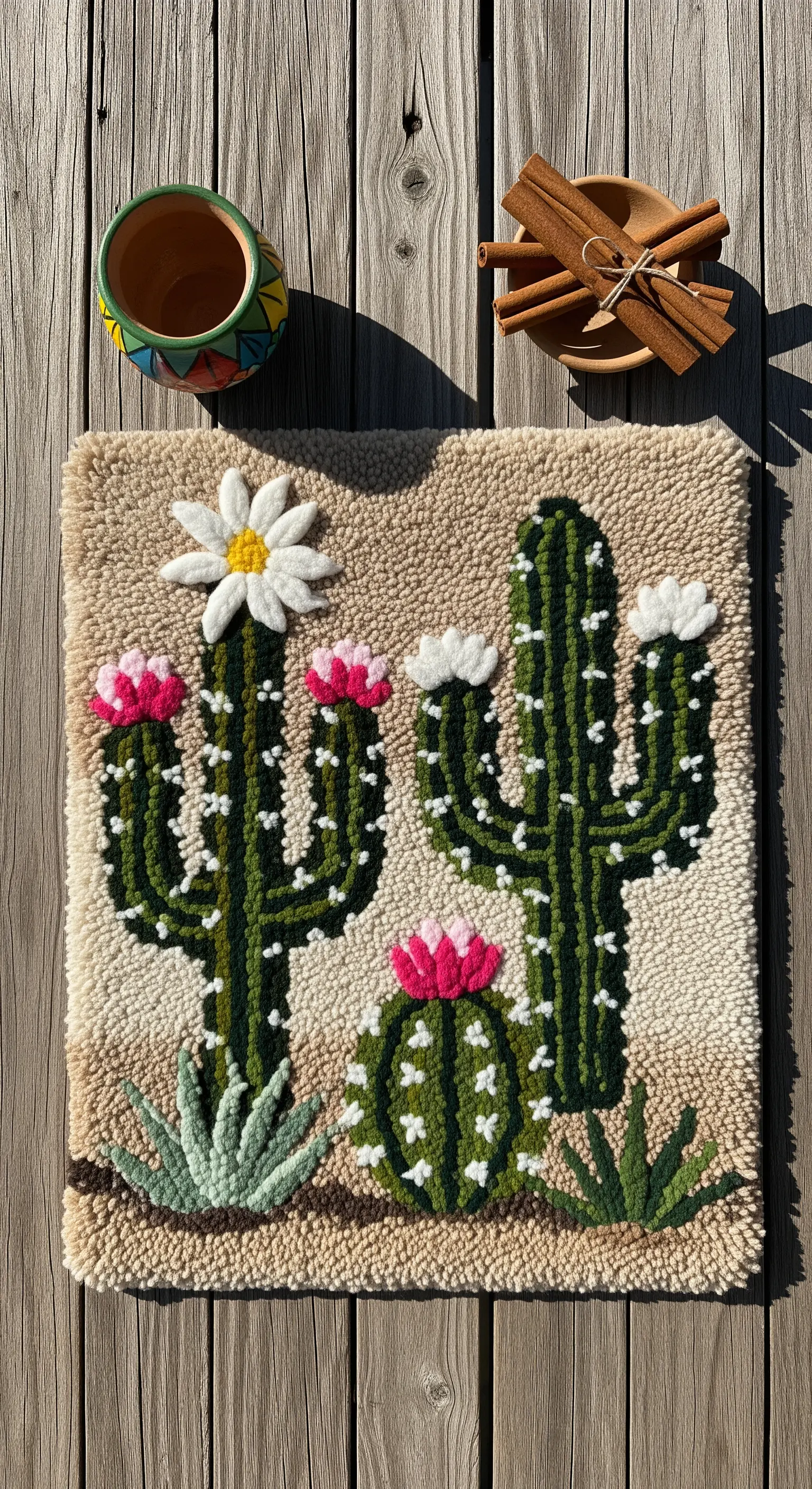 Piccolo tappeto quadrato con disegno di cactus fioriti, realizzato con tecnica punch needle.