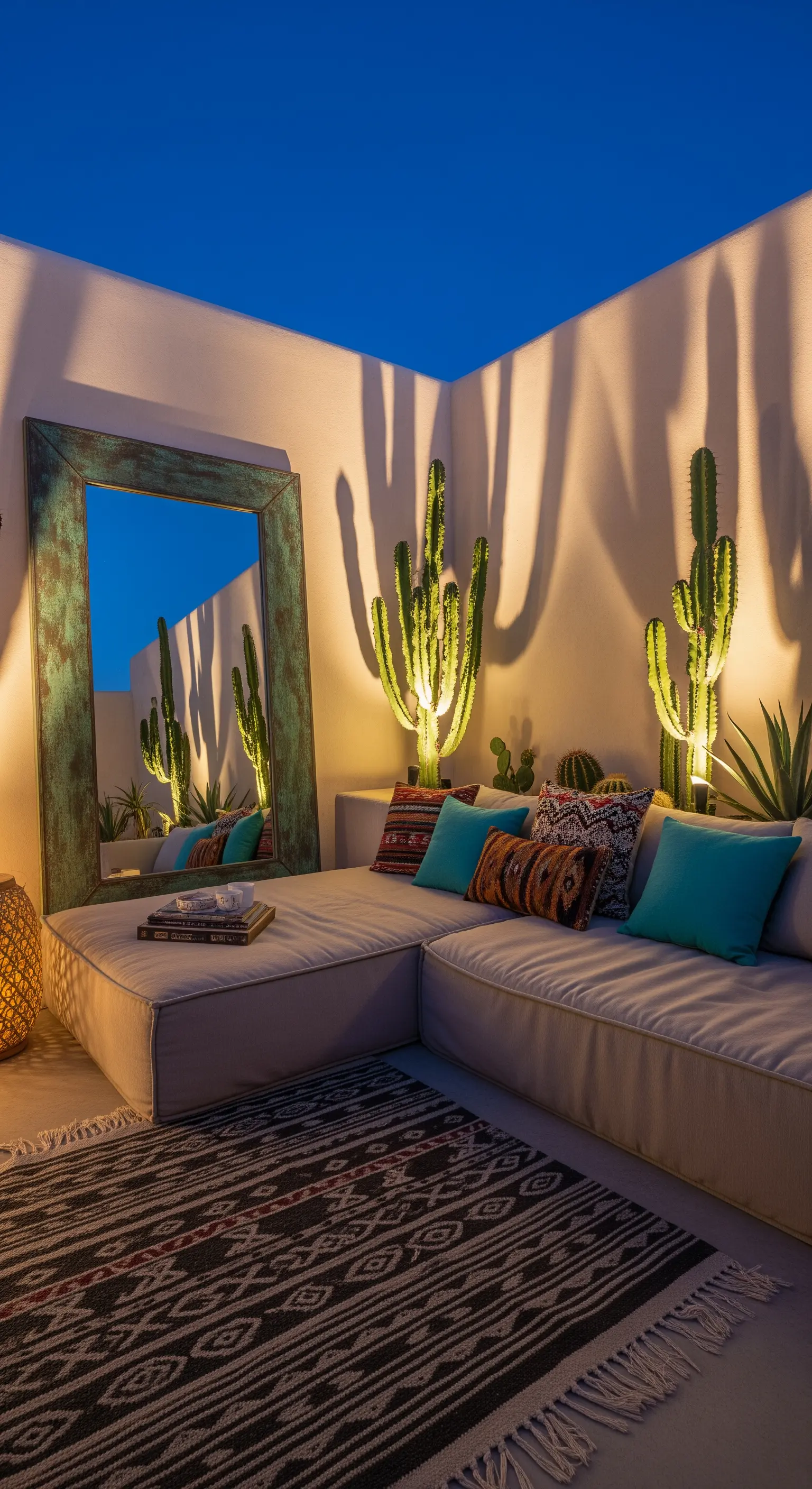 Patio notturno con divani bassi, cactus illuminati dal basso e un grande specchio appoggiato.