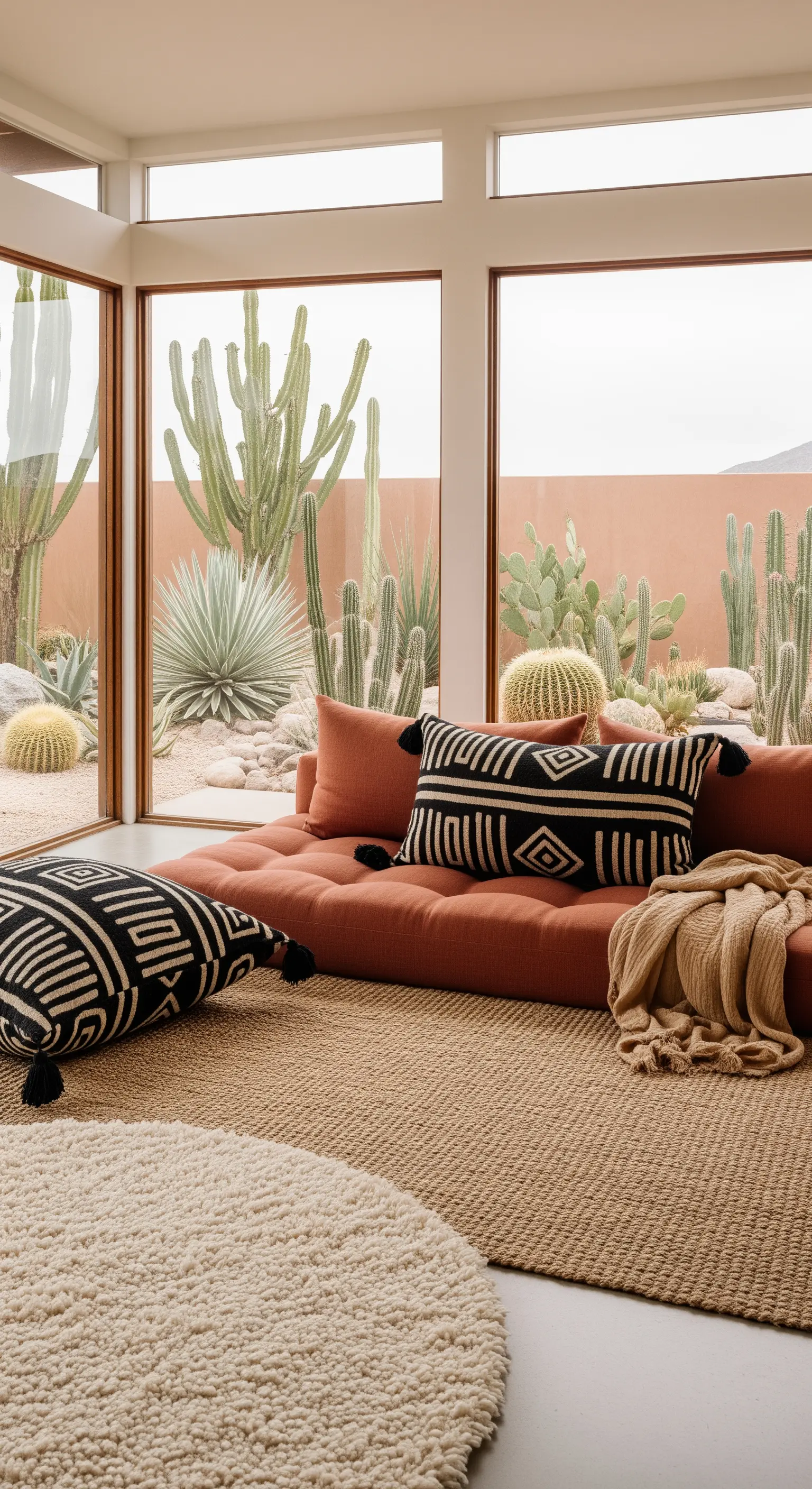 Salotto con divano basso color terracotta e cuscini etnici, affacciato su un giardino di cactus.