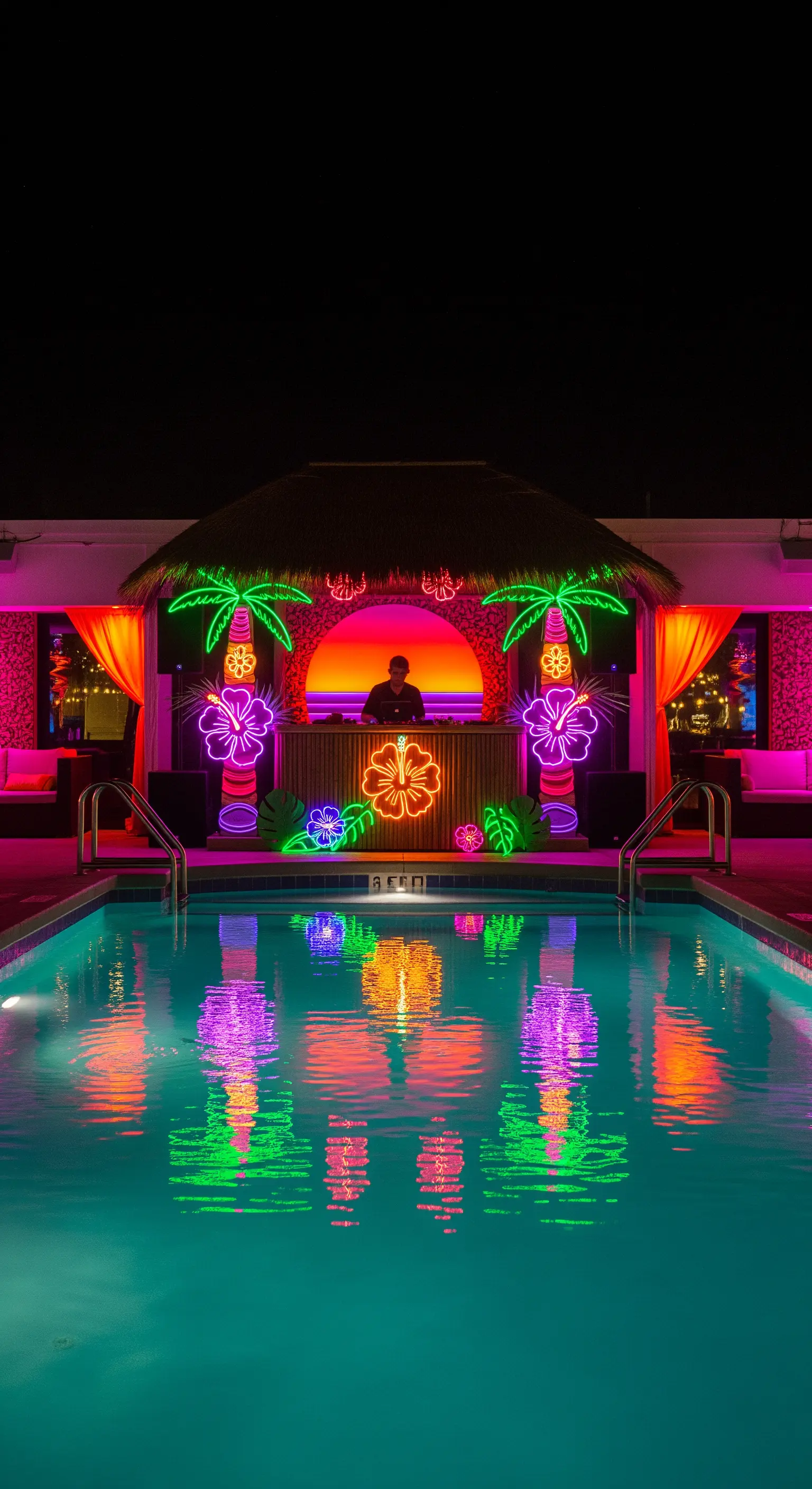 DJ booth a tema tropicale con neon colorati che si riflettono in una piscina.