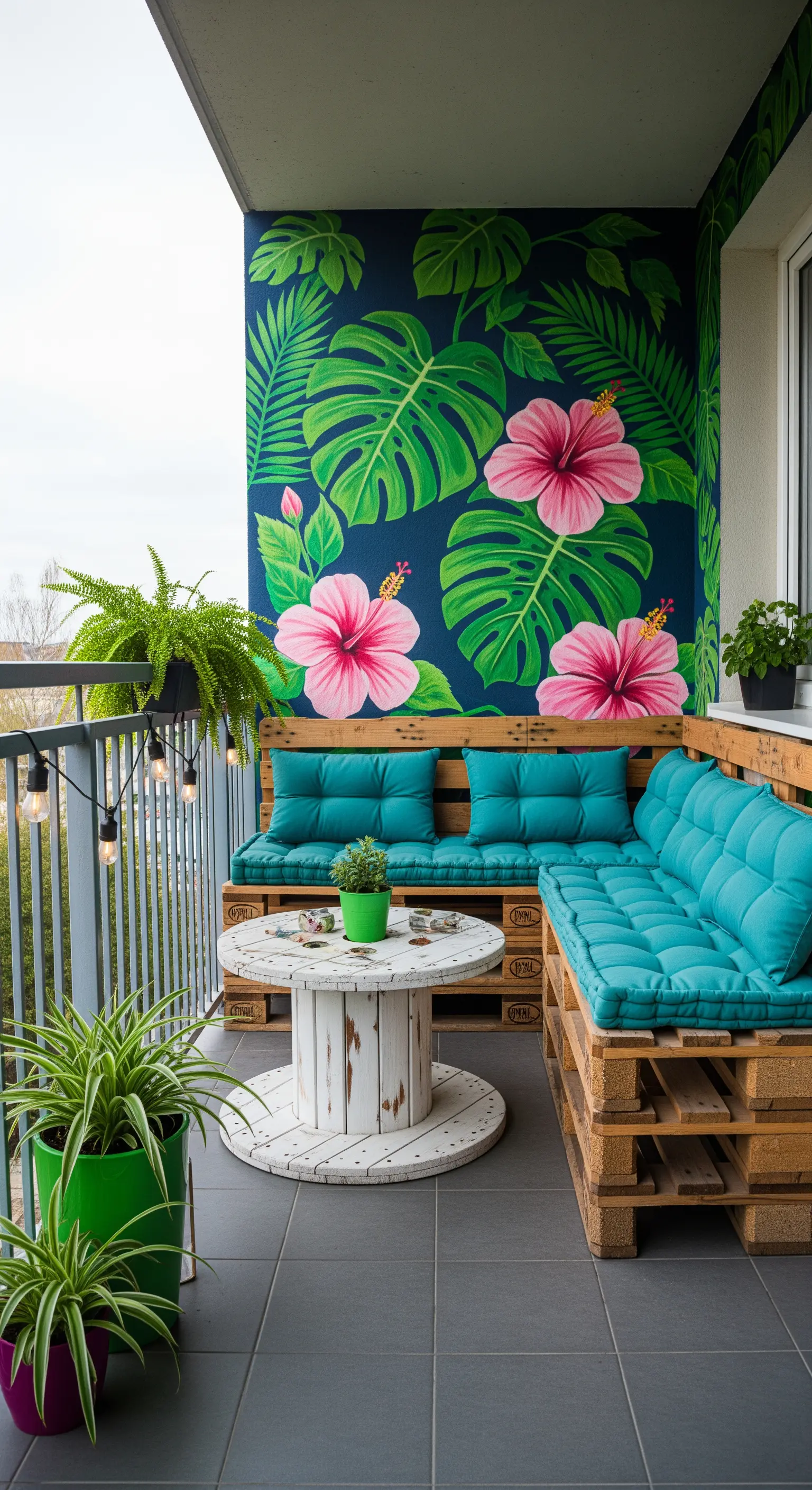Balcone con divano in pallet, cuscini turchesi e grande murale a tema tropicale con fiori di ibisco.