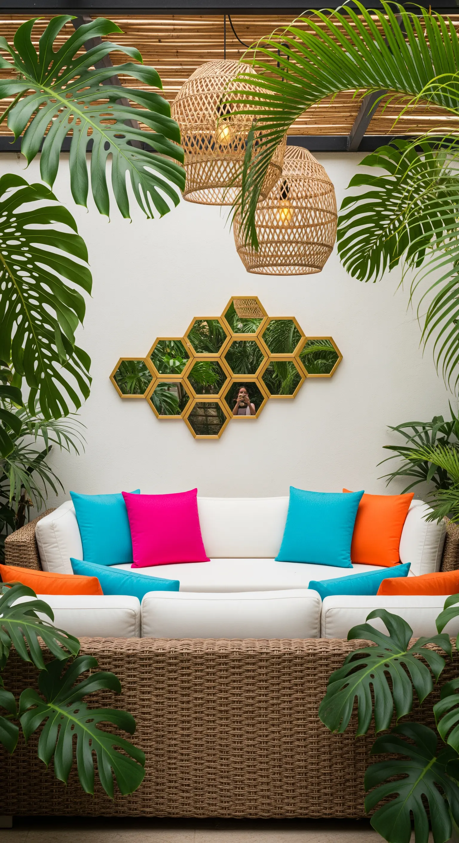 Divano in rattan con cuscini fucsia e ciano, incorniciato da foglie tropicali e uno specchio a nido d'ape.