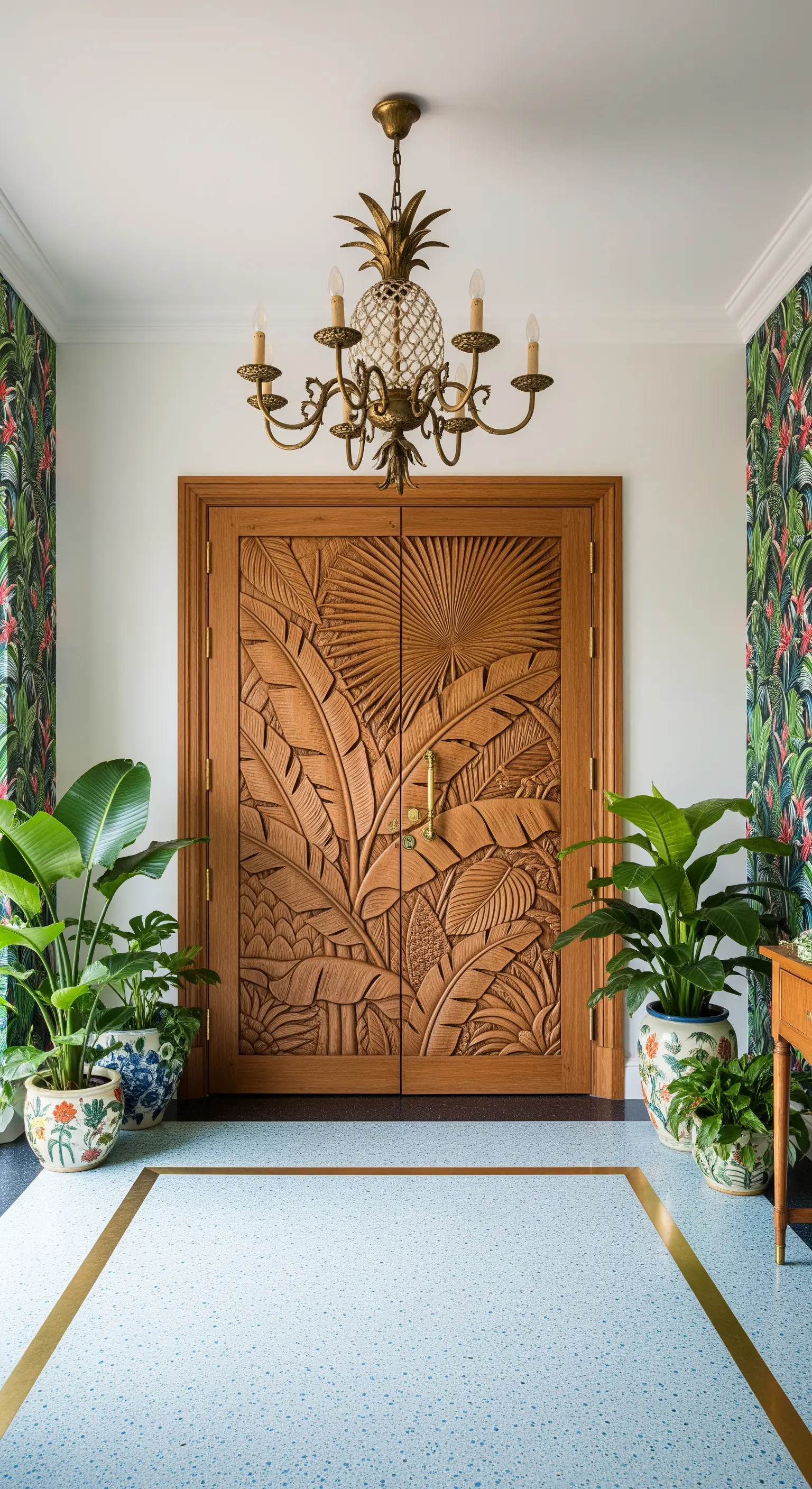 Ingresso tropicale con porta intagliata a foglie di palma e lampadario in ottone a forma di ananas.