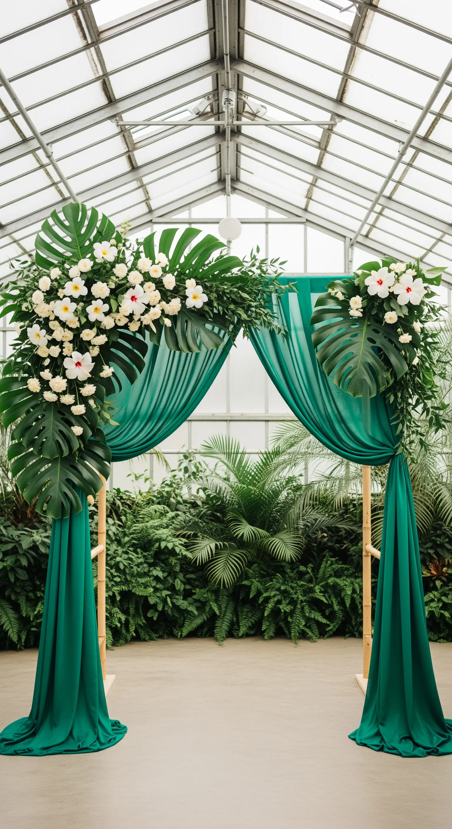 Arco nuziale in stile tropicale con drappi verde smeraldo, foglie di Monstera e fiori bianchi.