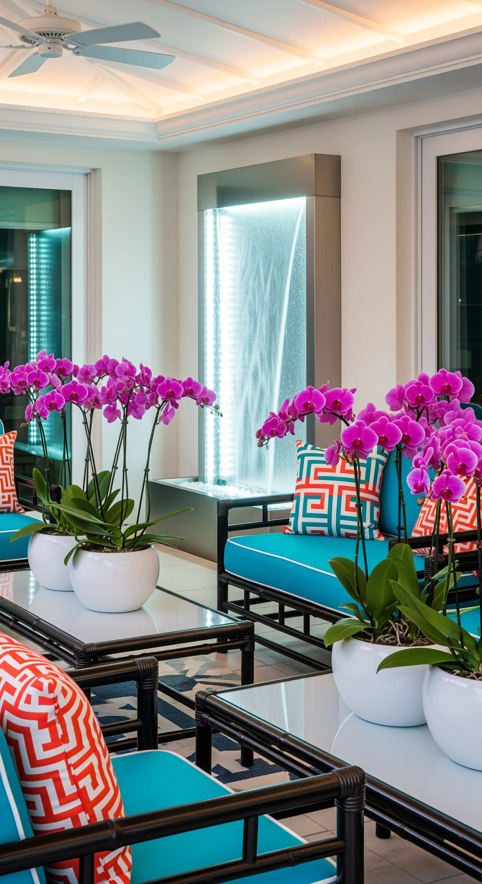 Veranda moderna con divani turchesi, orchidee fucsia e una fontana a parete retroilluminata.