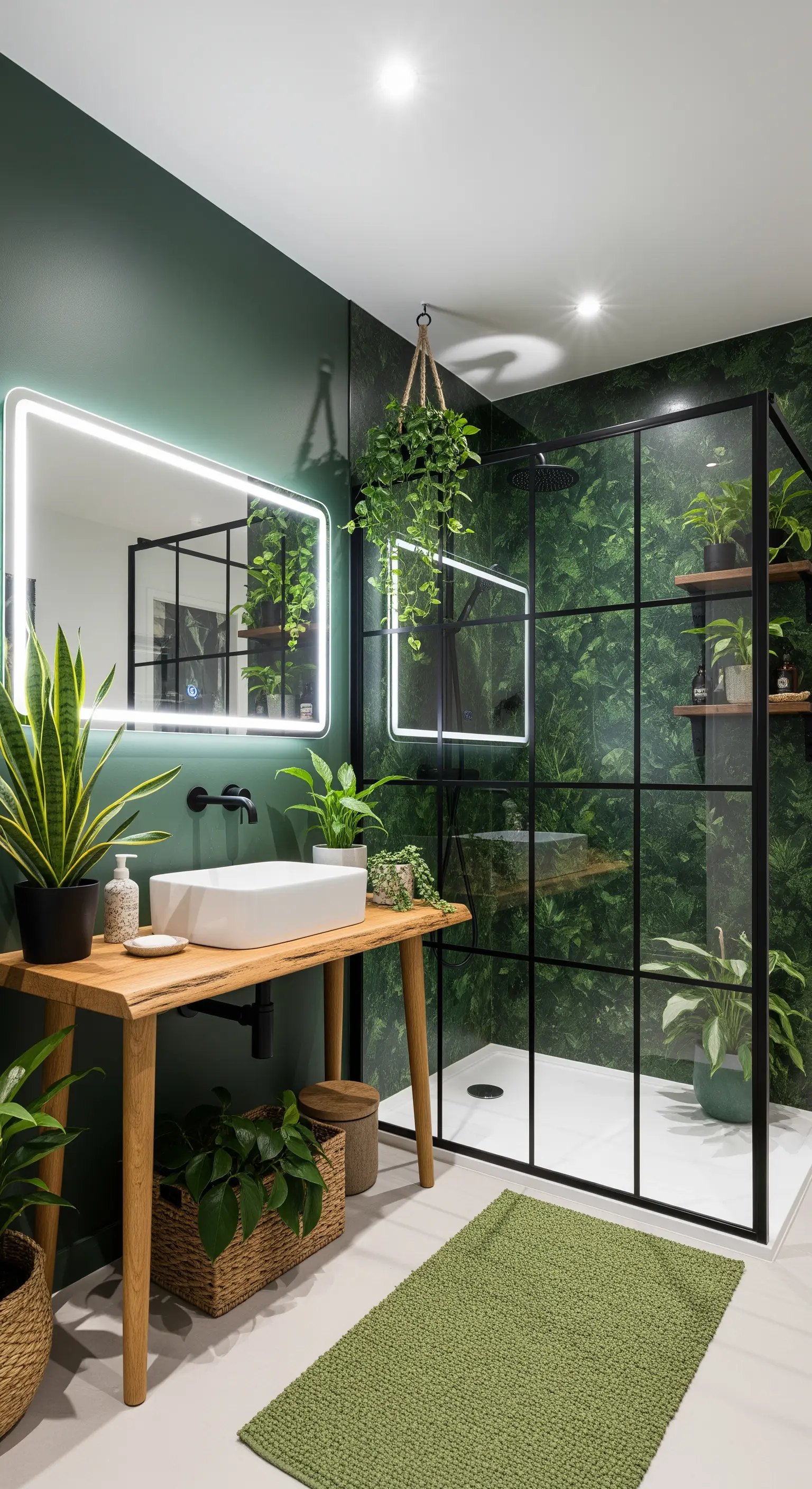 Bagno con pareti verdi, box doccia nero e numerose piante da interno.