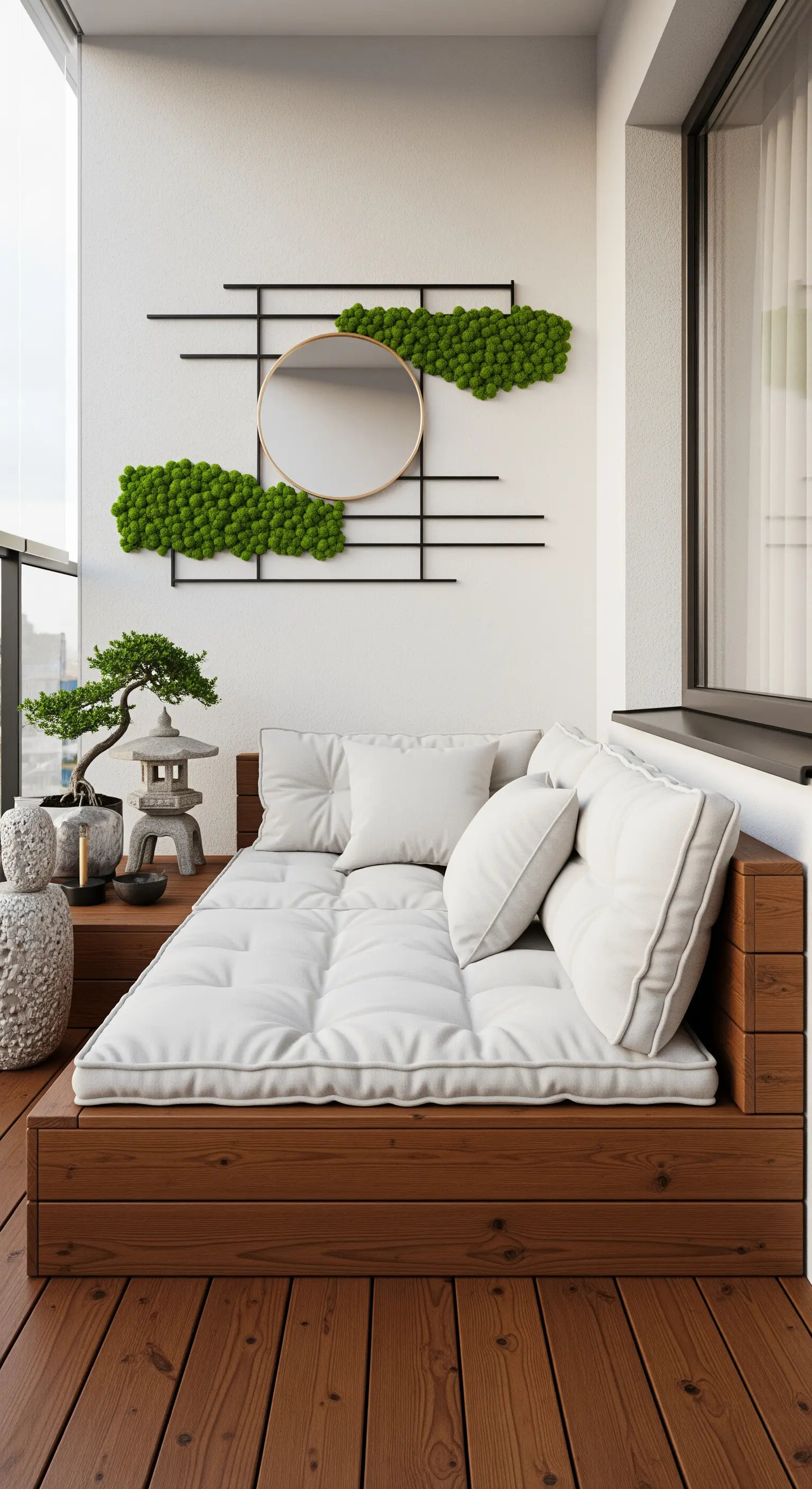 Balcone in stile zen con daybed in legno, decorazione a parete con muschio e un bonsai.