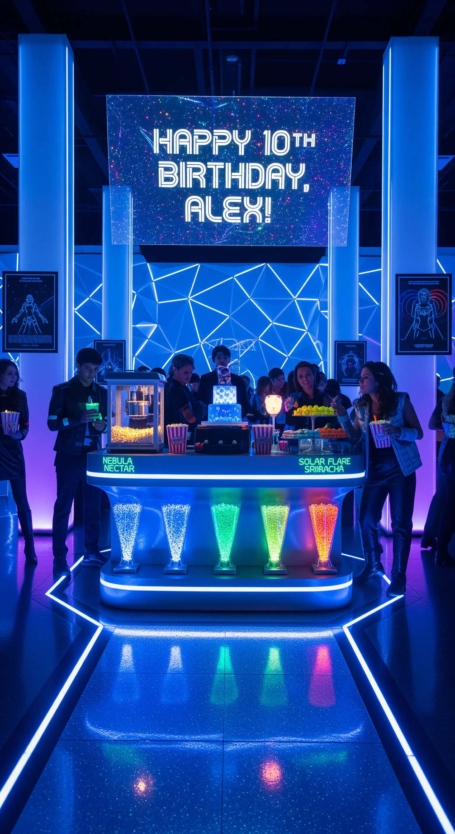 Festa di compleanno a tema futuristico con luci al neon blu e viola.