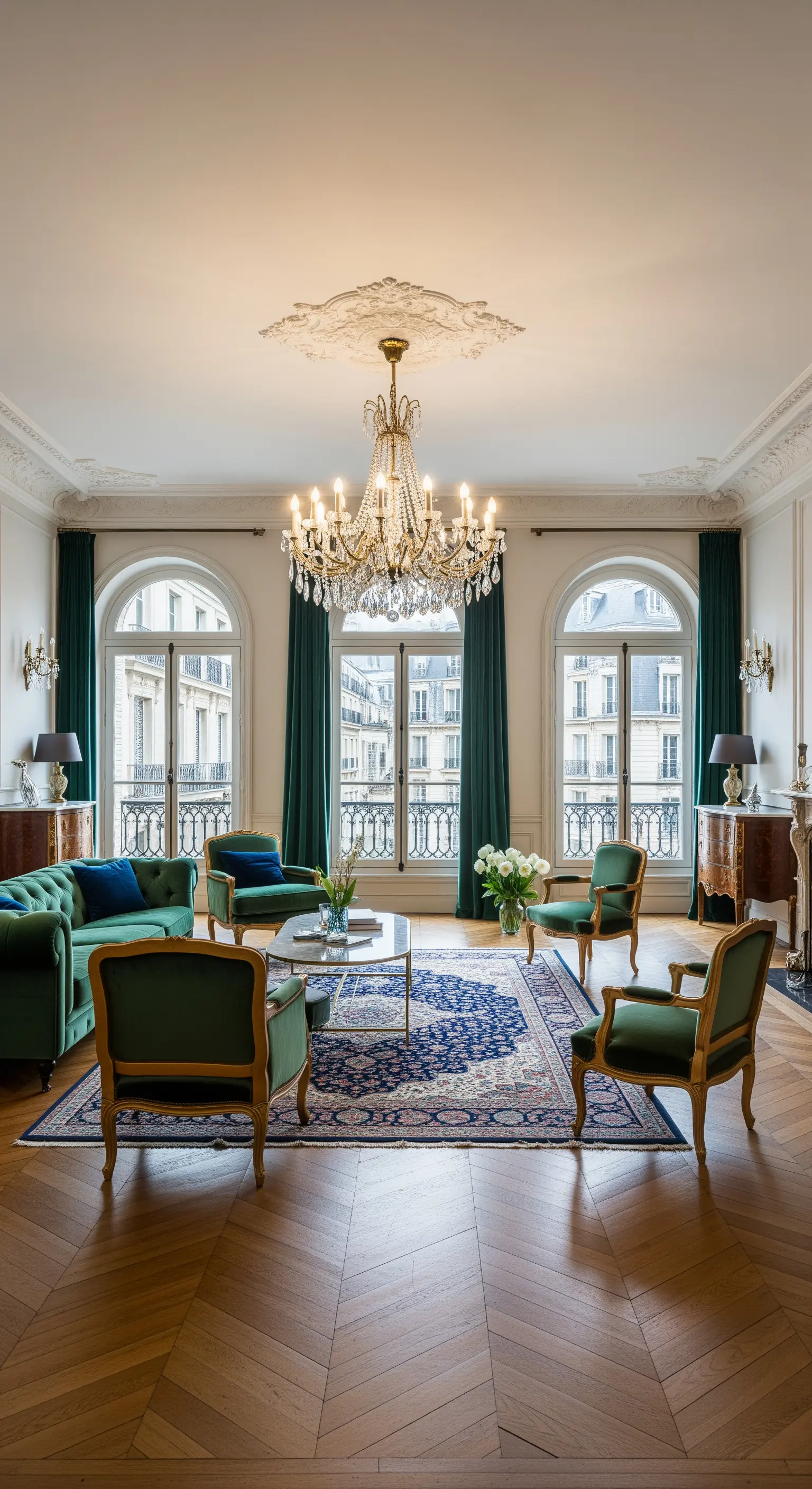 Salotto parigino con soffitto alto, lampadario in cristallo e tende in velluto verde smeraldo.