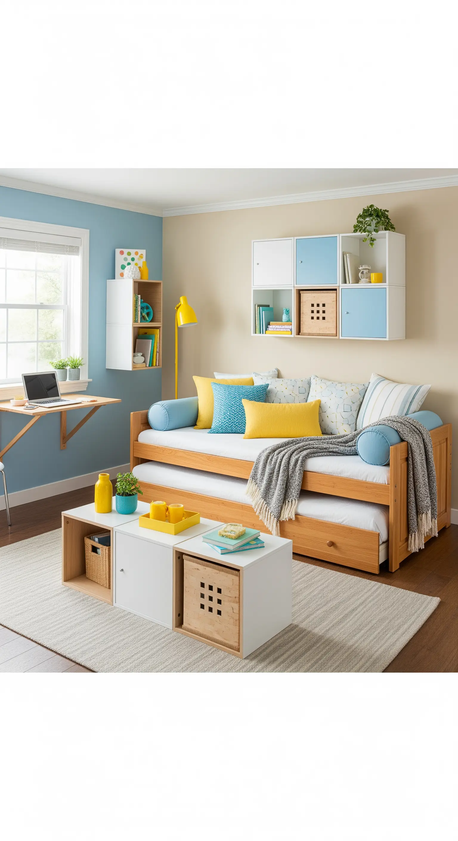 Salotto colorato con divano letto in legno chiaro e secondo letto estraibile a cassetto