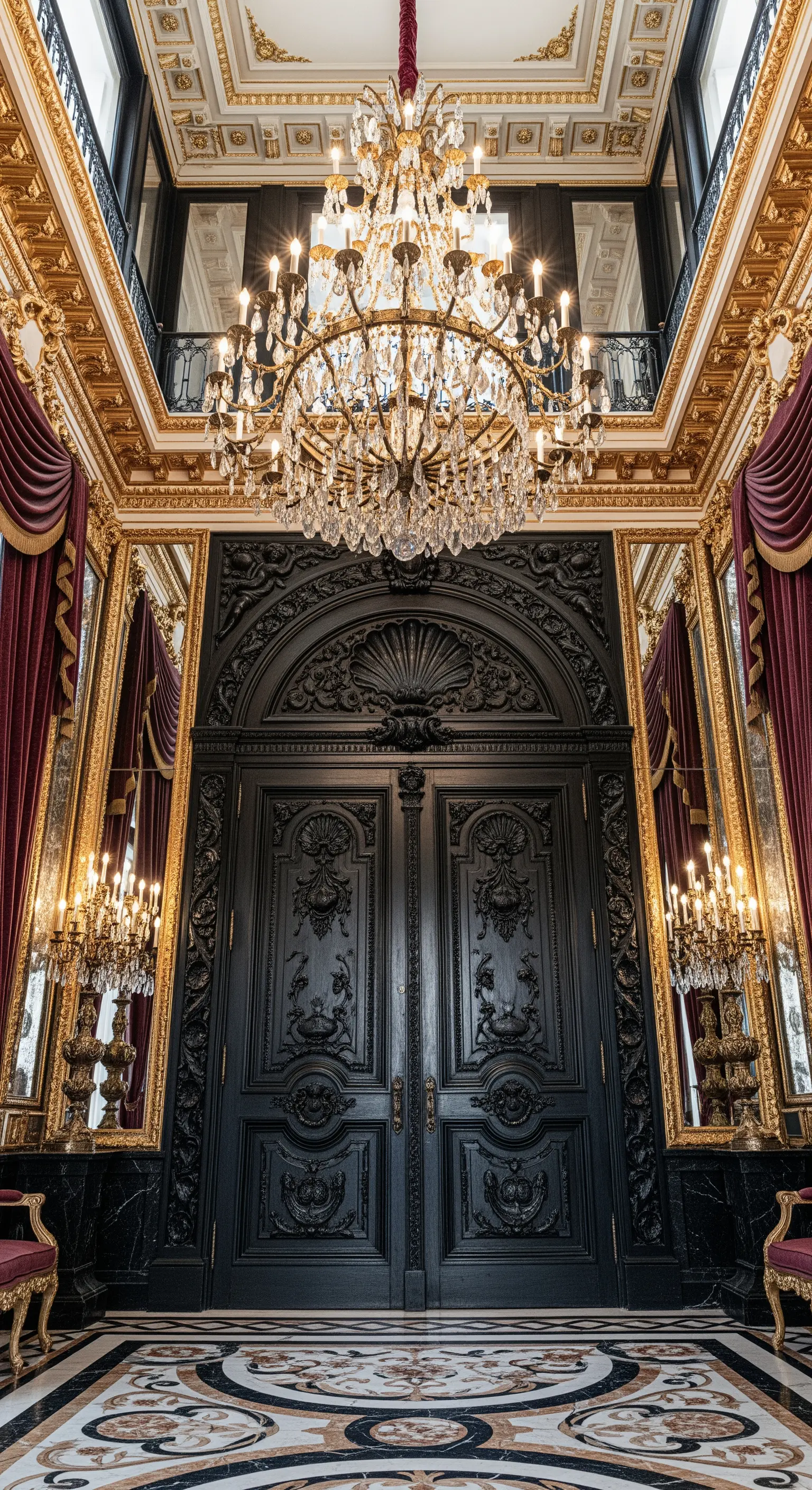 Ingresso barocco con immense porte nere intagliate, specchi dorati e un enorme lampadario di cristallo.