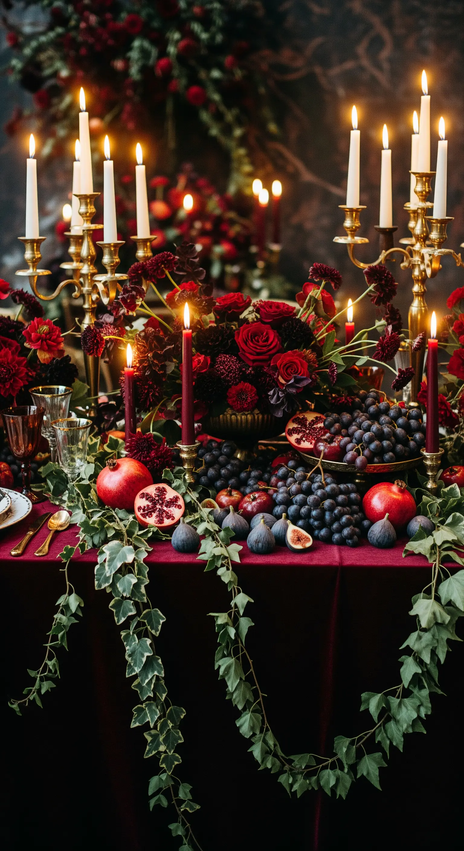 Tavola riccamente decorata con fiori rossi, frutta scura, candelabri dorati e tovaglia bordeaux.
