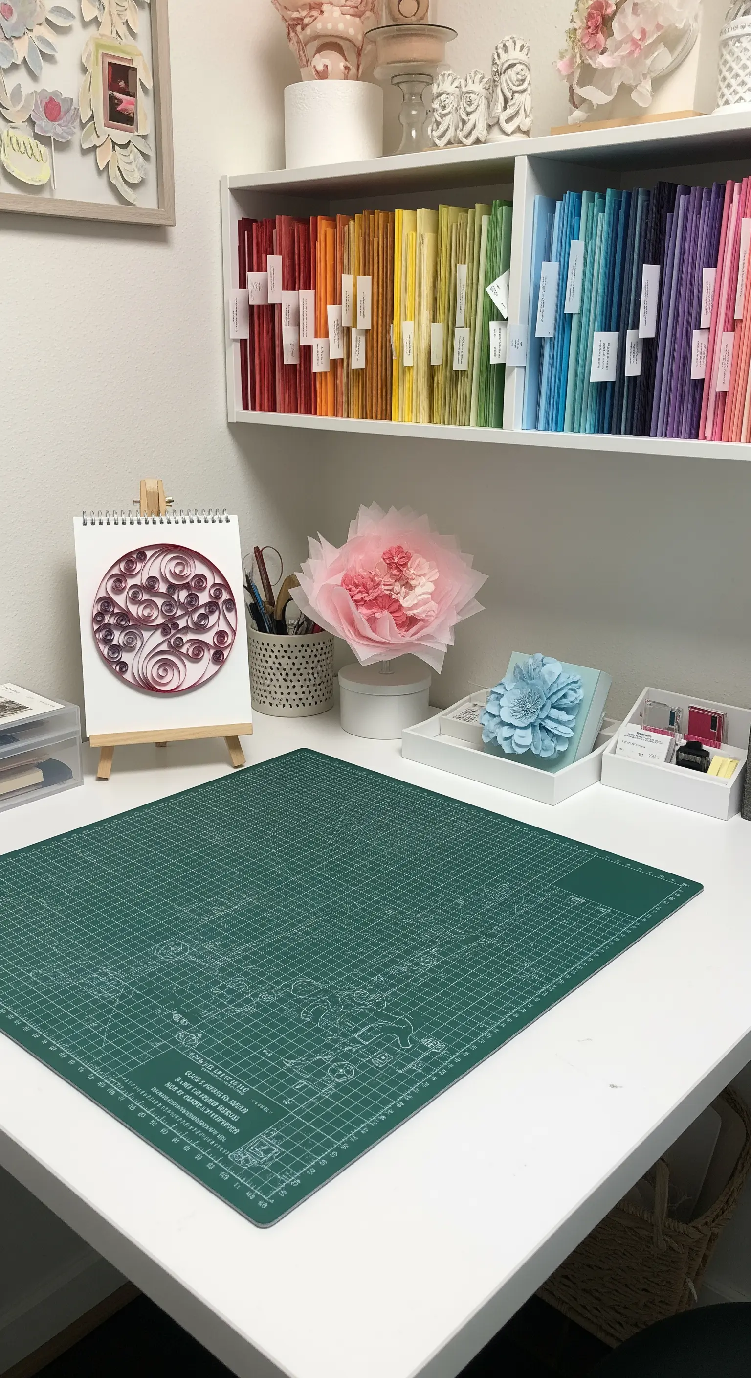 Scrivania per papercraft con un raccoglitore verticale di fogli di carta colorati.
