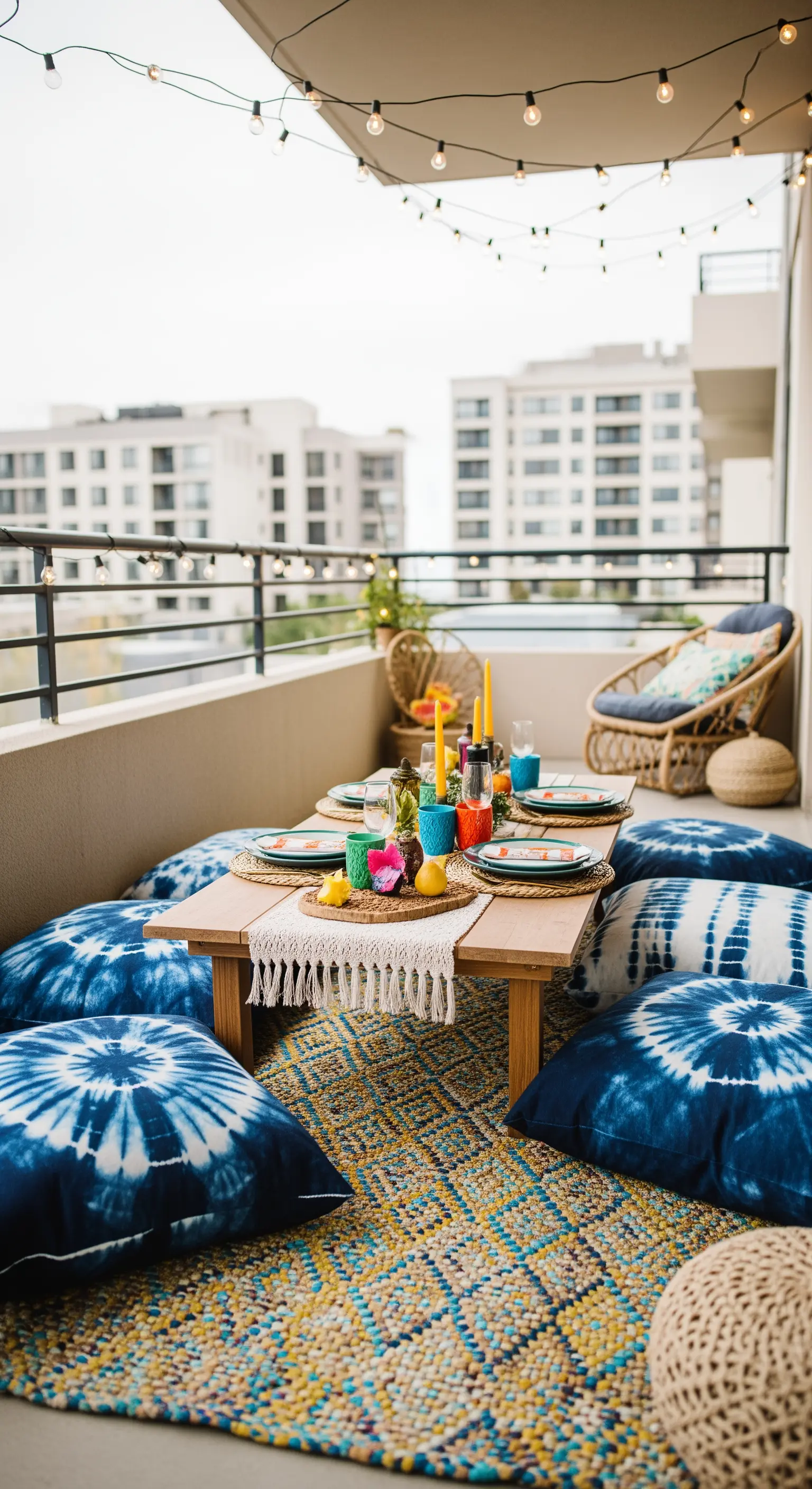 Cena allestita su un balcone con un tavolo basso, cuscini tie-dye blu e un tappeto giallo.