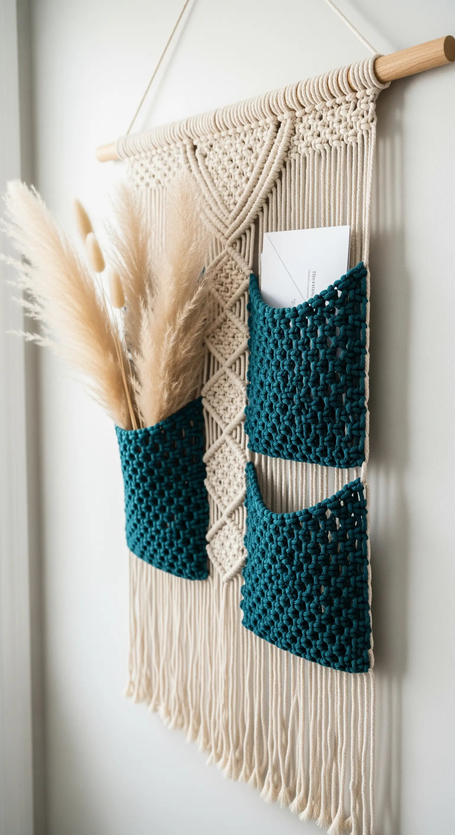 Organizzatore da parete in macramè color avorio con tre tasche blu petrolio e pampas grass.